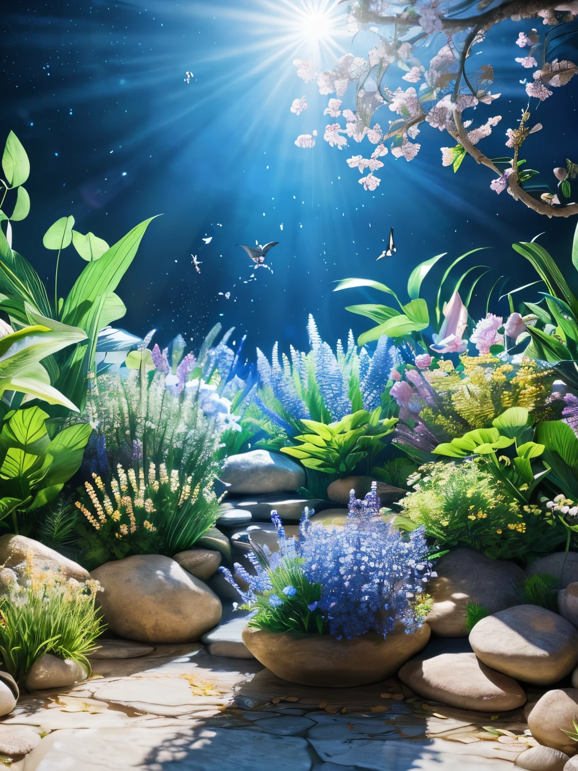 masterpiece, highest quality, (Highly detailed CG Unity 8K wallpaper) (highest quality), (best illustrations), (best shadow) nature', blue sea,delicate leaves、Light tracing of petals of different colors falling in the air, Super detailed--v6