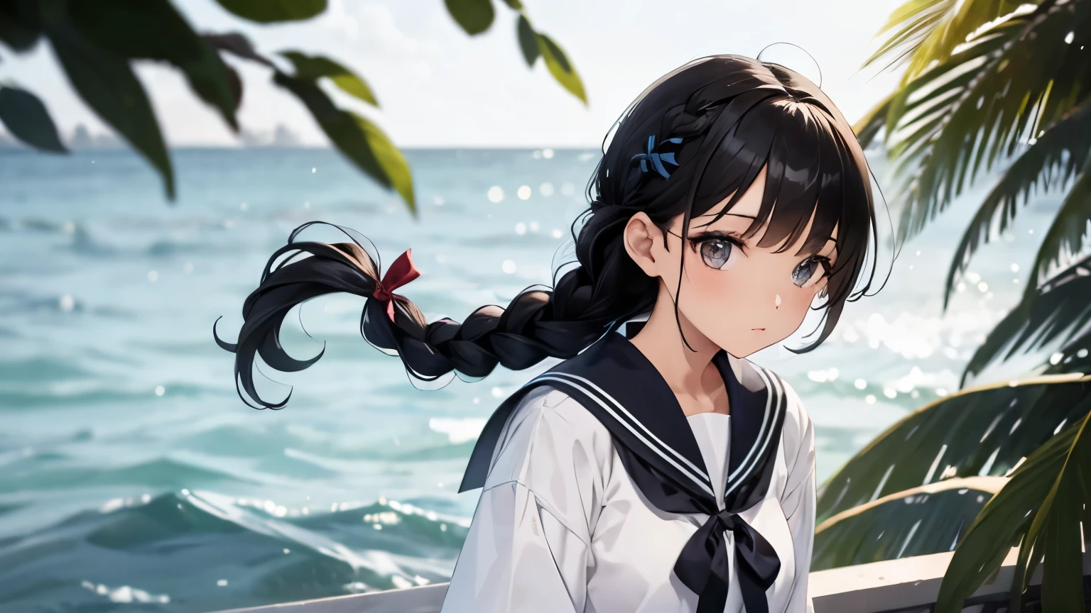 Beautiful girl wearing a sailor suit black hair Big ribbon in braided hair