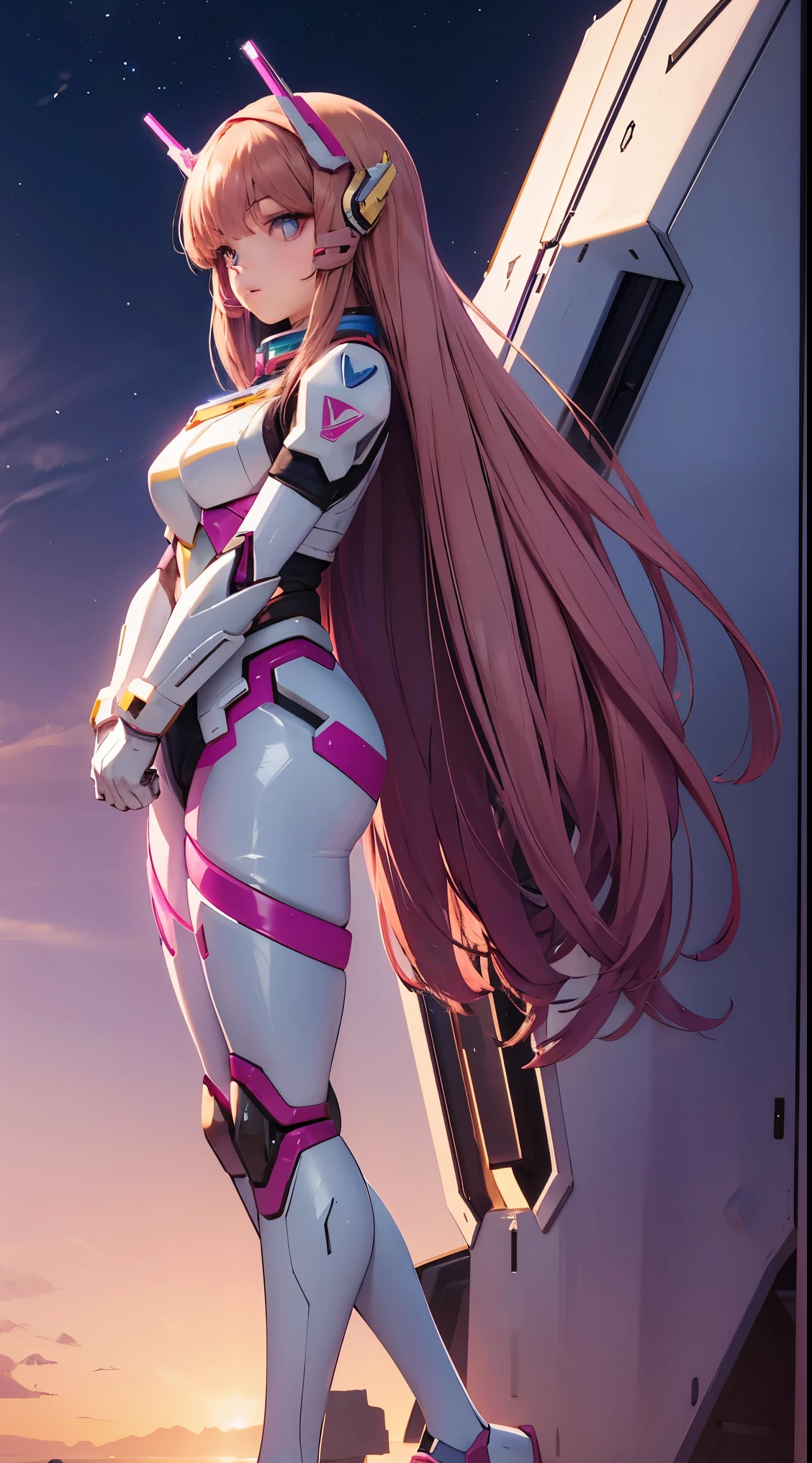 RAW, Masterpiece, Ultra Fine Photo,, Best Quality, Ultra High Resolution, Photorealistic, Sunlight, Full Body Portrait, Stunningly Beautiful,, Dynamic Poses, Delicate Face, Vibrant Eyes, (Side View) a close up of a woman in a pink and white gundam custume, dybamic pose, long brown very very long hair rapunzel, girl in mecha cyber armor, portrait armored astronaut girl, d. va from overwatch, female mecha, on a gundam, gundam head, chiho aoshima color scheme, mobile suit, streamlined purple armor, fully robotic!! girl, realistic cosplay, gundam armor (dynamic pose) (best cameraview), full body