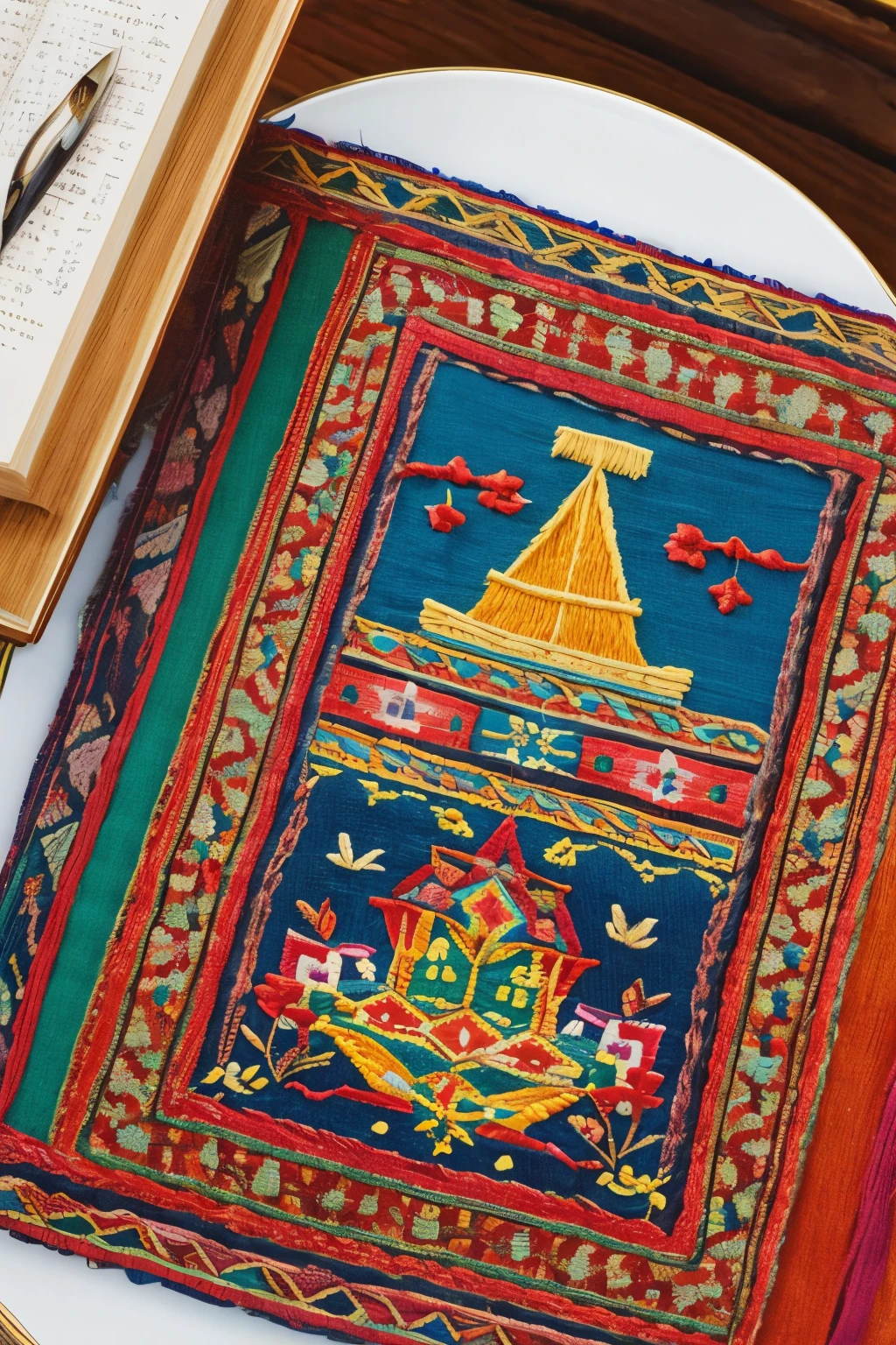  An embroidery book with colourful and amazing cover, place on top of a table with upper view. 