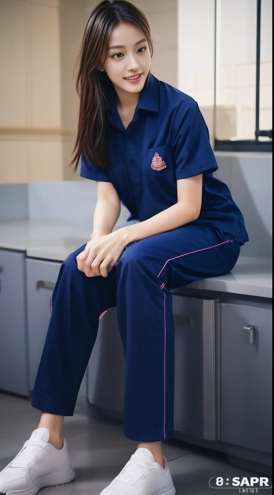 (best quality,10,10,height,Masterpiece:1.2),Special details,(realistic,Realistic picture,Realistic photos:1.37),1 Cute girl in the kitchen,shiny, skin shiny,only,smile softly,BDclothelue shirt:1.3)),short sleeve,shirt, Long pants.,(navy_long_track pants:1.1), ((Kitchen Background)),Dynamic angle,excited,Face focus,dynamic poses,from behind,focus on ass,Masterpiece, best quality, ultra realistic, hyper detail, 8k resolution, raw photos, Sharp focus, ((Navy blue shirt:1.1)), short sleeve, long route, perfect body, 2 mature women, 18 years old, Cinema-grade lighting system,blue sweatpants,exercise cloth,correct anatomy,perfect body, correct body, Sharp face, Correct body anatomical, full body, realistic gestures, long-haired, realistic poses,Wear long shorts...........................,The legs are long.,Good shape,carved girl, Slender figure, model, Good shape, beautiful body,blue sweatpants, two girls kissing