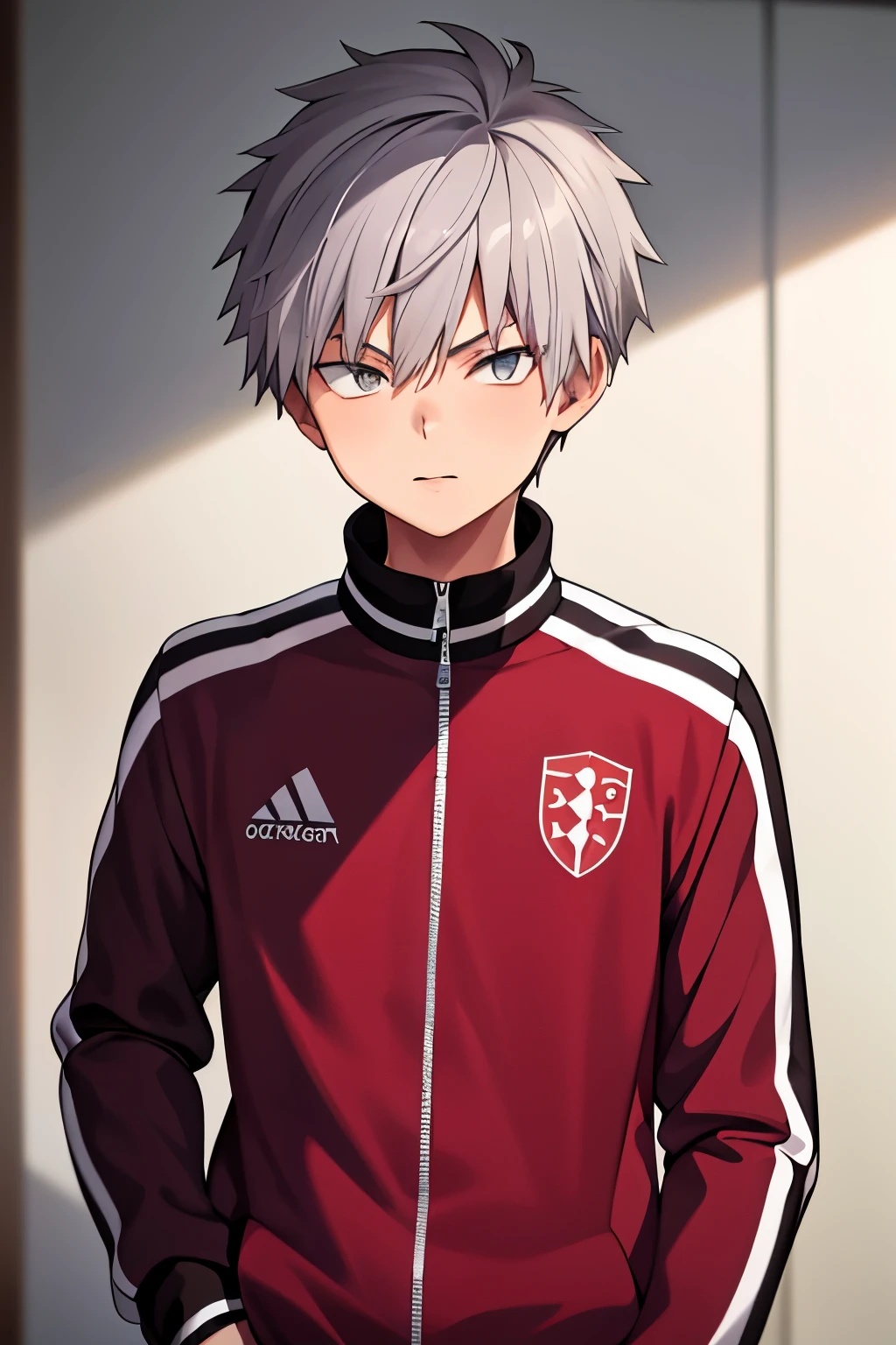 masterpiece, best quality, high quality, 1boy, solo, male focus, looking at viewer,shiki_tademaru, , grey hair, , track suit