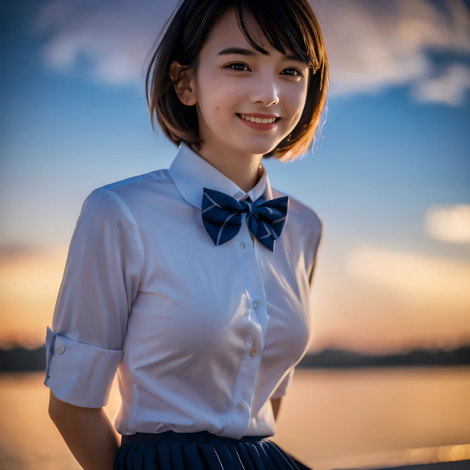 (8k, best quality, masterpiece:1.2), (sfw:1.3), (realistic, photo-realistic:1.37), ultra-detailed, 1 girl,cute, solo,beautiful detailed sky,detailed cafe,night,sitting,dating,(nose blush),(smile:1.1),(closed mouth) medium breasts,beautiful detailed eyes,(collared shirt:1.1), bowtie,pleated skirt,(short hair:1.2),floating hair, nude
