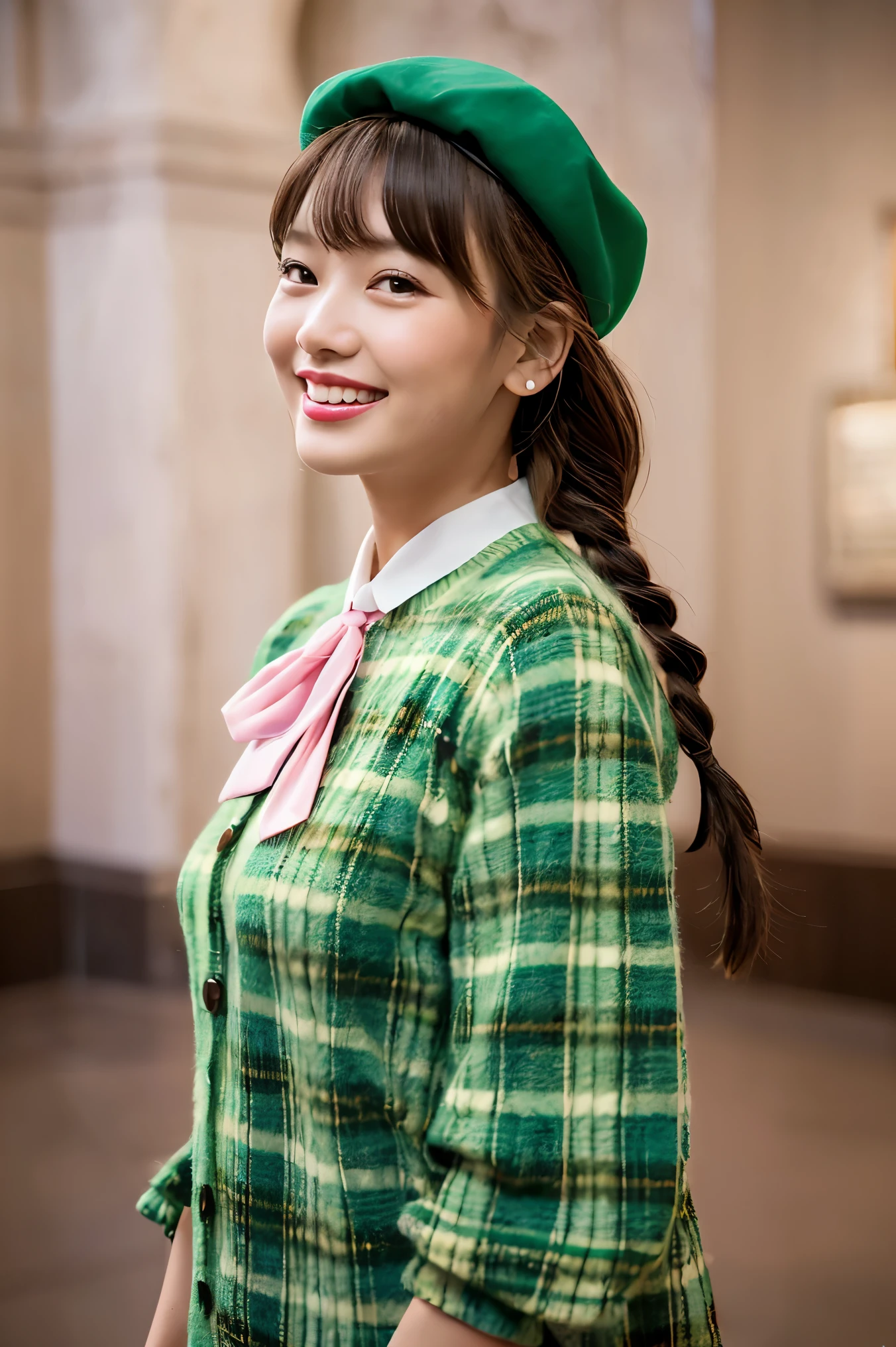 super insane details、confused、ultra high resolution、Super detailed、highest quality、 1 girl、alone、nice hands、perfect handmade (Vintage style beret with flower pin:1.3)、(pink&dark green plaid dress:1.5)、(gold buttons on the front:1.2)、(frills、red bow tie、white blouse:1.4)、(peach cardigan、cable knitting patterns:1.3)、(pinkタイツデニール20:1.1)、(mint green mary jane shoes:1.2) best smile、open your mouth、shake your mouth、 あざといcuteポーズ、cowboy shot、thin、Stare straight ahead with shining eyes、cute、symmetrical face、超cute女の子、超cute顔、extra fine eyes、super cute hair、超cute、super beautiful、 stylish clothing design、The famous World Heritage Museum、exhibition hall、Historic ancient museum、 big breasts、Soft and swaying breasts、BREAK (medium hair、braid blonde、silky smooth hair、crimson eyes)、hair between eyes、nape of the neck
