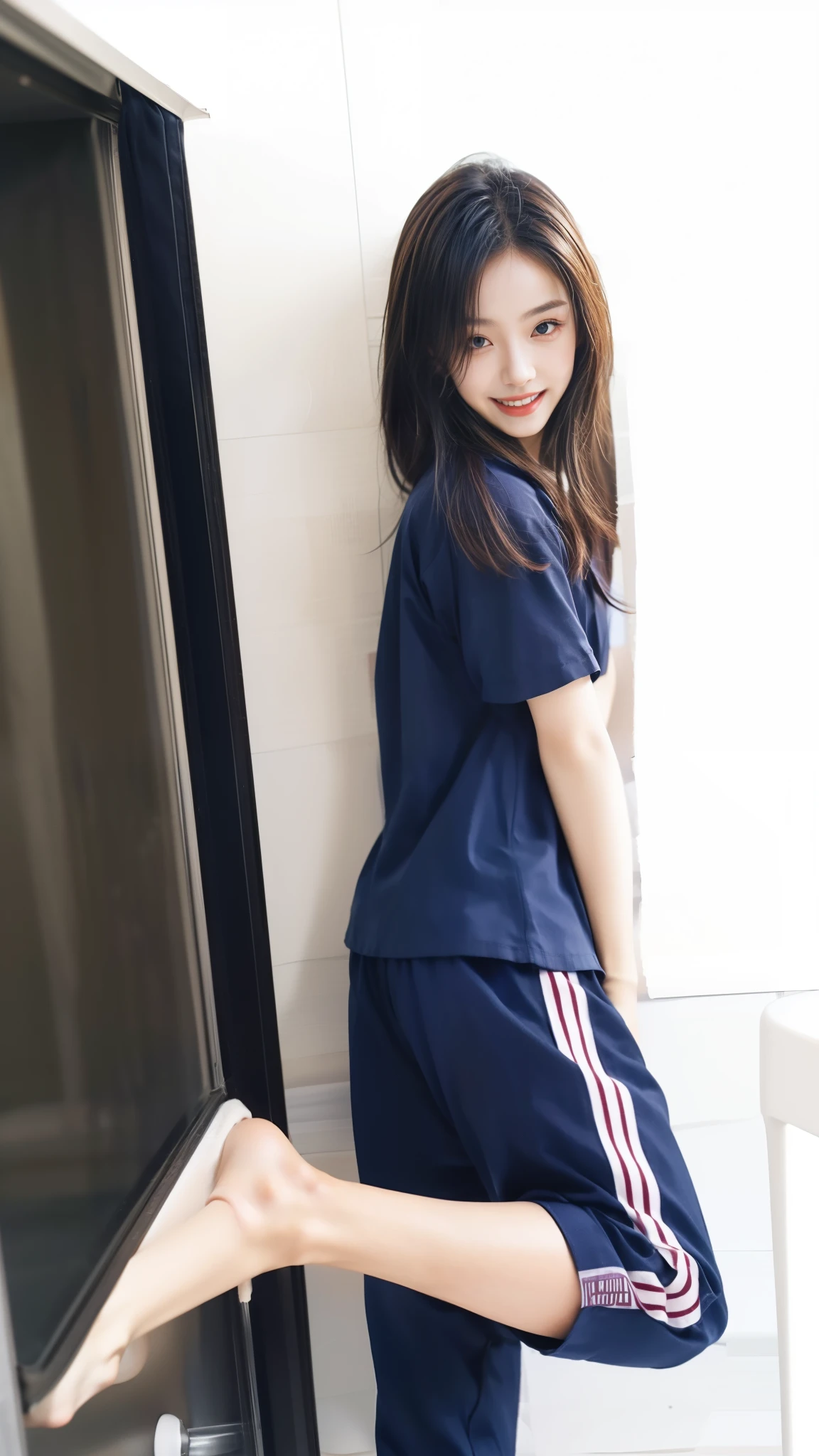 Japanese girl with long hair wearing japanese style high school shirt but not wearing panty and no wearing a skirt, her face is a bit shy and she has a nice pinky hairy pussy sitting in m leg pose at living room sofa