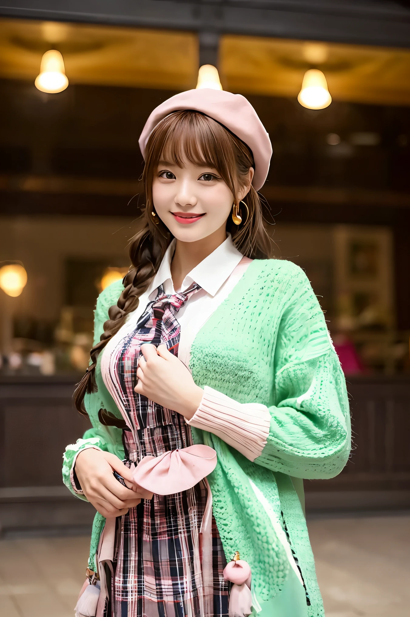 super insane details、confused、ultra high resolution、Super detailed、highest quality、 1 girl、alone、nice hands、perfect handmade (Vintage style beret with flower pin:1.3)、(pink&dark green plaid dress:1.5)、(gold buttons on the front:1.2)、(frills、red bow tie、white blouse:1.4)、(peach cardigan、cable knitting patterns:1.3)、(pinkタイツデニール20:1.1)、(mint green mary jane shoes:1.2) best smile、open your mouth、shake your mouth、 あざといcuteポーズ、cowboy shot、thin、Stare straight ahead with shining eyes、cute、symmetrical face、超cute女の子、超cute顔、extra fine eyes、super cute hair、超cute、super beautiful、 stylish clothing design、The famous World Heritage Museum、exhibition hall、Historic ancient museum、 big breasts、Soft and swaying breasts、BREAK (medium hair、braid blonde、silky smooth hair、crimson eyes)、hair between eyes、nape of the neck