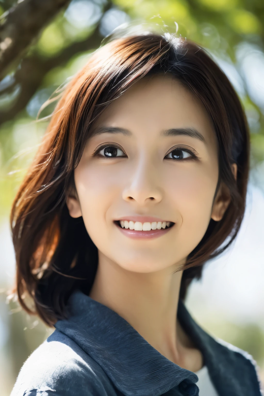 Skinny Japanese 40s woman, good wife, cute face, detailed face, detailed eyes, neat and clean, short-sleeve white shirt, walking along river, early summer, fine weather, clear sky, green fields, portrait