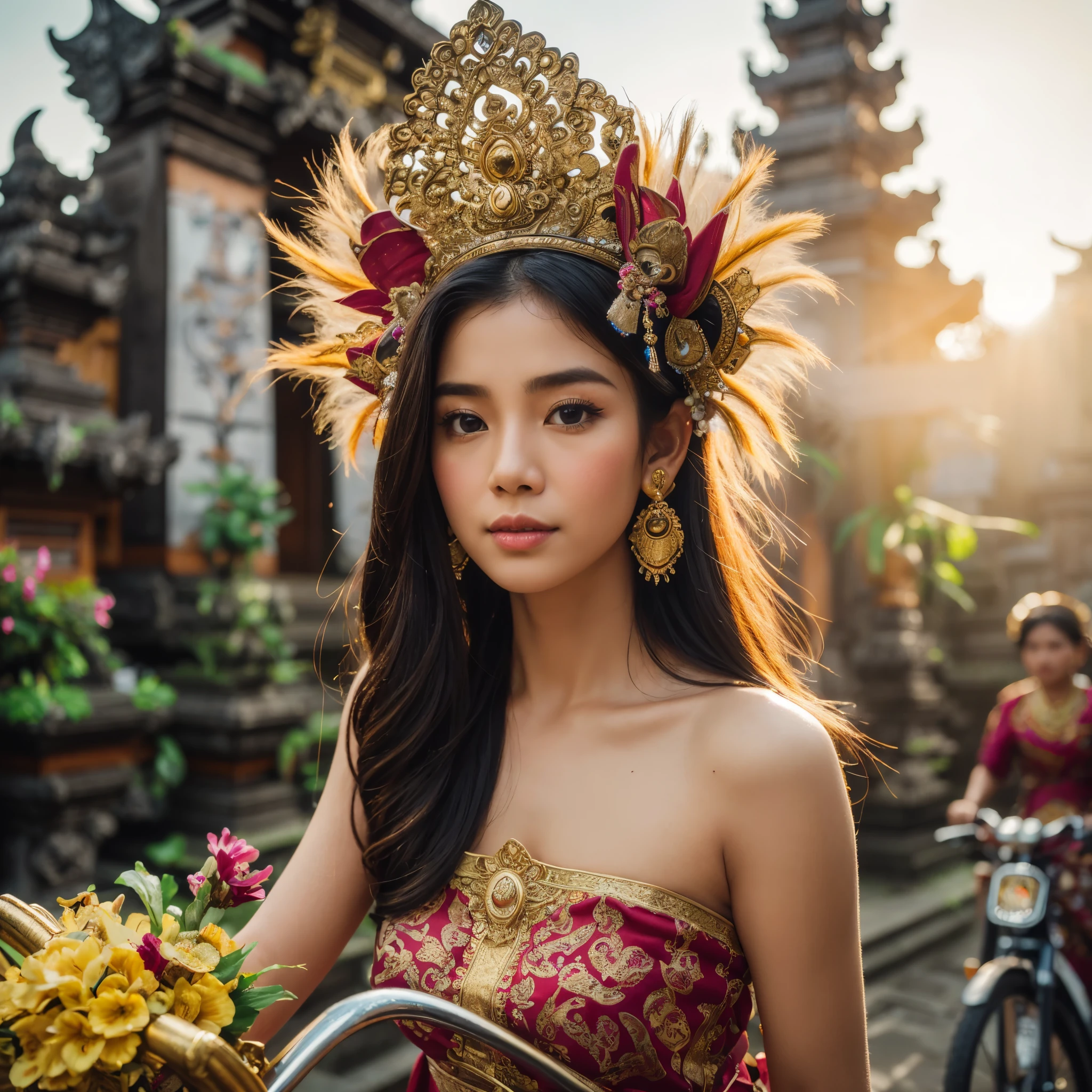 8k Uhd, Dslr,Film Grain, Fujifilm XT3,(Best Quality:1.3), (Masterpiece:1.1), ((face detail)) High Resolution, Cinematic Light, Intricate Details, (Photorealistic) create a realistic photography of sacred magical exotic scenery of bali temple on the morning breeze, there are local balinese beautiful girl ((detail pretty exotic indonesian malay face)) wearing local traditional cloths ride a old bicycle