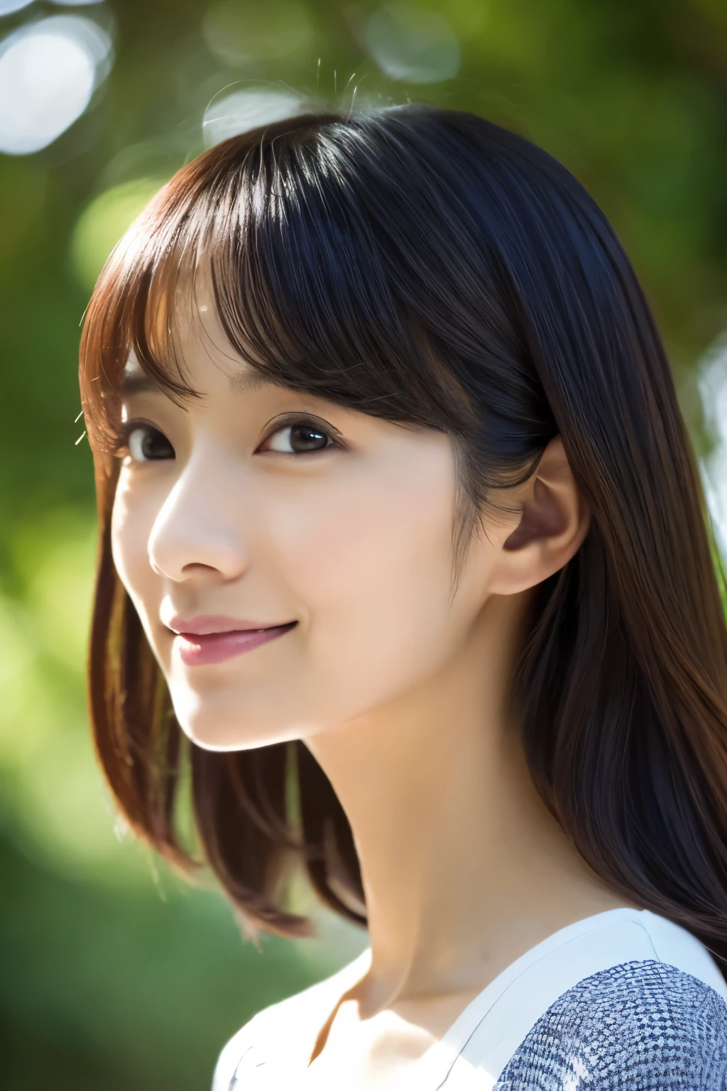 cinematic photo, Skinny Japanese woman, 30 years old, cute face, detailed face, detailed eyes, slight smile, close shot, (face upward:0.7), looking at viewer, (sun light and tree shadow on the face), (masterpiece:1.2), (best quality:1.2), (extremely detailed:1.2), (photorealistic:1.1), (ultra detailed), . 35mm photograph, film, bokeh, professional, 4k, highly detailed