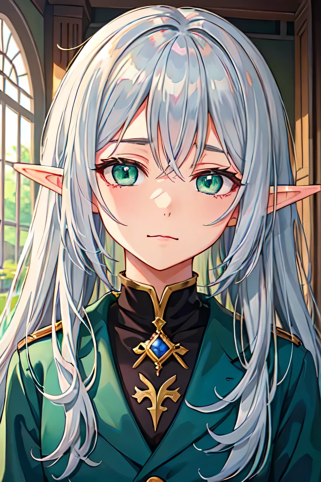 elf girl。gray haired。long hair。look here。face up portrait。sad expression。Smile。elf anime。Like a free ren at a funeral。animation。black clotheoss green eyes。