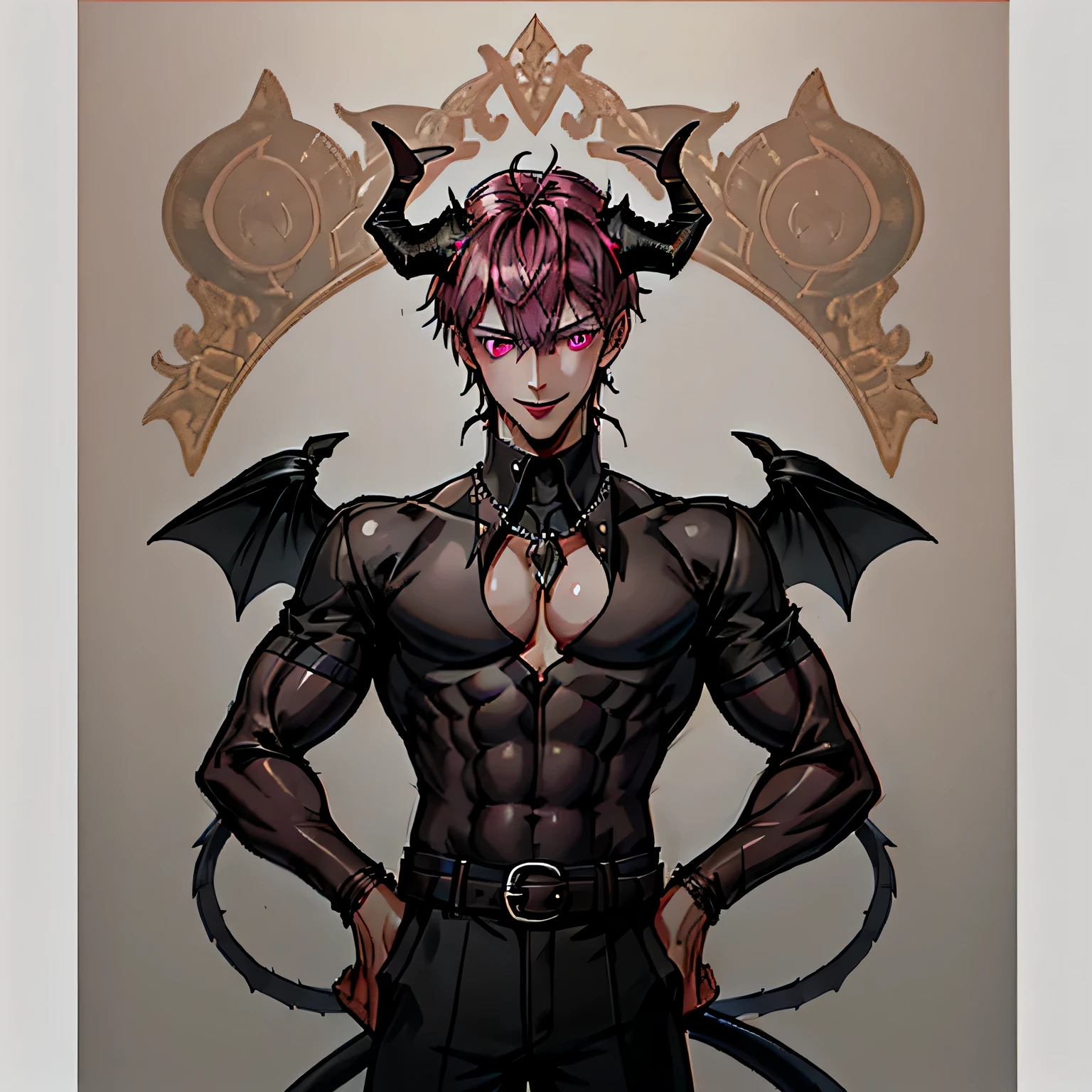 1boy, satyr, curly pink hair pink, The eyes are brown, long eyelashes, elongated beautiful face, round eyebrows, snub-nosed neat nose, smirk, freckles, pale skin, deer antlers on the head, red deer ears, naked torso, fit body, boy has deer legs with red hair, Spots on the thighs, brown hooves, Sits, legs tucked in, deer tail, he is sitting, sits with his back to the camera, The head is turned over the shoulder in profile