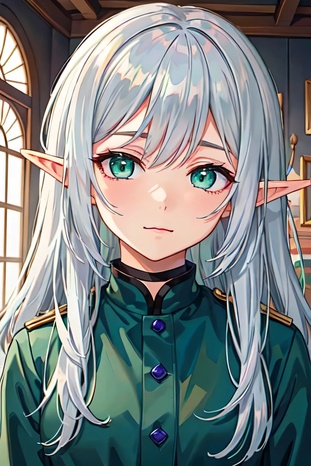 elf girl。gray haired。long hair。look here。face up portrait。sad expression。Smile。elf anime。Like a free ren at a funeral。animation。black clotheoss green eyes。