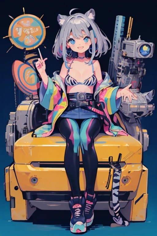 #Quality(8k,best quality,masterpiece,cinematic),solo, #1 girl(cute, kawaii,small kid,silver brite hair,blue eyes,tiger ear ,big smile,big breast,colorful,open cleavage ,baggy military jacket,short leggings,sitting on machine,colorful),#background(simple ,colorful,japanese letters)