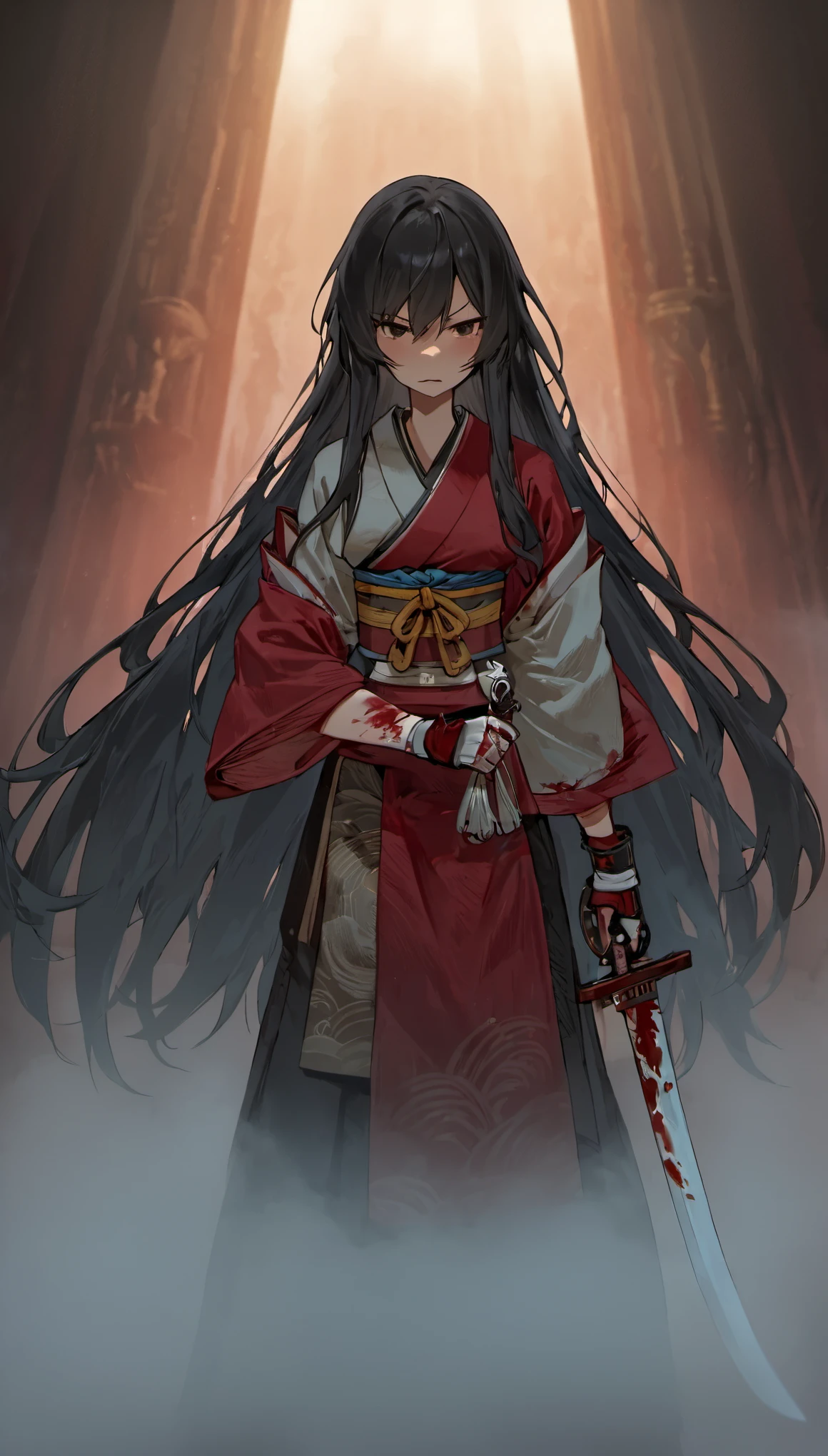 (exquisitely detailed skin), masterpiece, highest quality, official art, unity 8k wallpaper, super detailed,(dark scene,discreet key,soft lighting), cinematic look,high color saturation,best anatomy,volumetric fog, Because I&#39;m slender, cowboy shot,one girl,angry look,arms,Japanese sword,long hair,black hair,holding,alone,holding arms,Blood,holding 剣,arm guard,simple background,Blood on arms,looking at the viewer,black eye,or,floating hair,