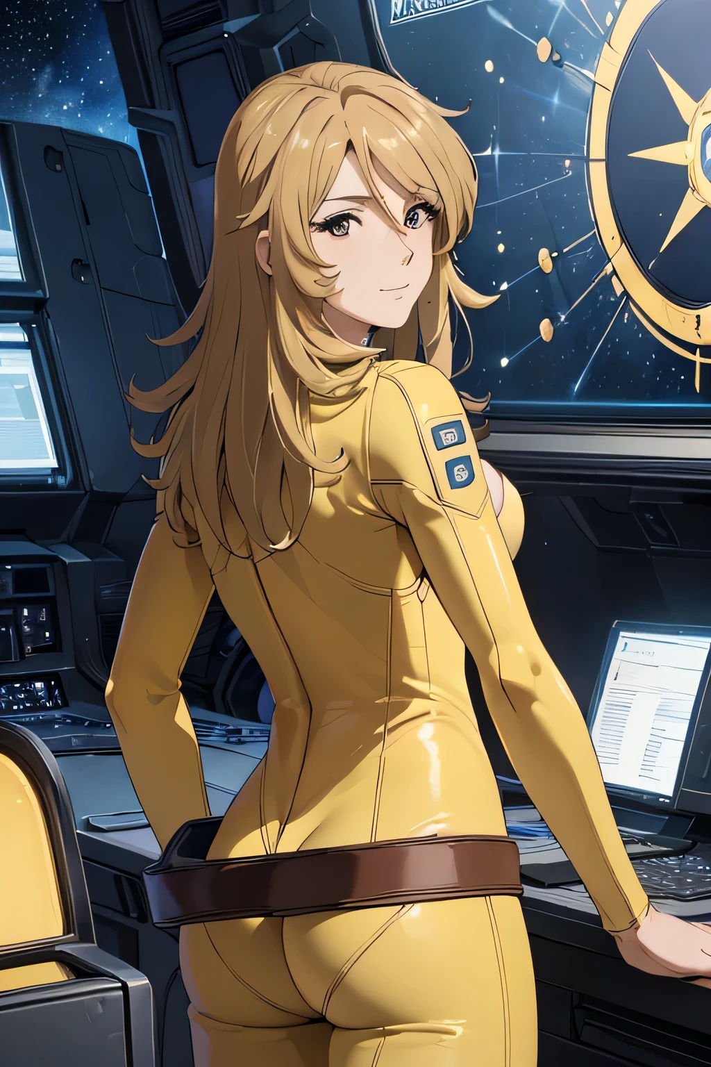 (((best quality))), (((masterpiece))), (((detailed))),
MoriYuki, (perfect face), (((detailed face))),
solo, closed mouth, light smile,
blonde hair, long hair, brown eyes, (((best quality eyes)))
MoriBodysuit, (yellow bodysuit), belt,
standing, looking at the viewer, from back,
science fiction, cockpit, starry sky, (big breasts), thighs, NSFW