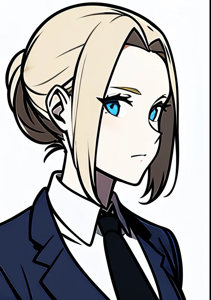 One Young Adult female, white and tender skin, pale blonde slicked back into a short ponytail, steel blue eyes, light and carefree expression, wearing black suit jacket and tie, portrait style, facing forwards