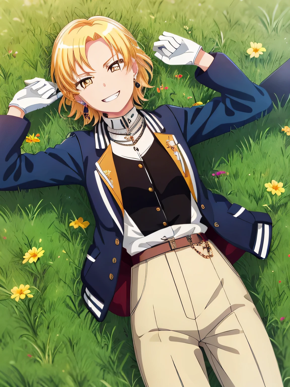 MASKING, 1girl, solo, looking at viewer, smile, short hair, blonde hair, shirt, gloves, long sleeves, ribbon, brown eyes, jewelry, jacket, yellow eyes, white shirt, earrings, pants, grin, solo, spread arms, smile, lying, on back, on grass, looking at viewer, solo, in the center, cowboy shot, high quality,