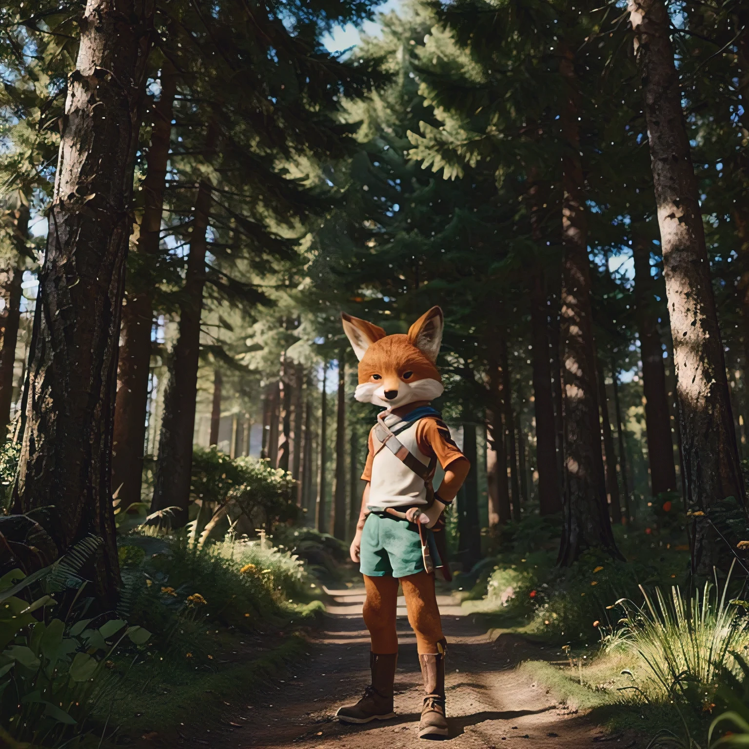 Finn the Fox: Generate an image of Finn, the brave protagonist of the story, exploring the enchanted forest of Eldoria with a sense of curiosity and determination in his eyes.