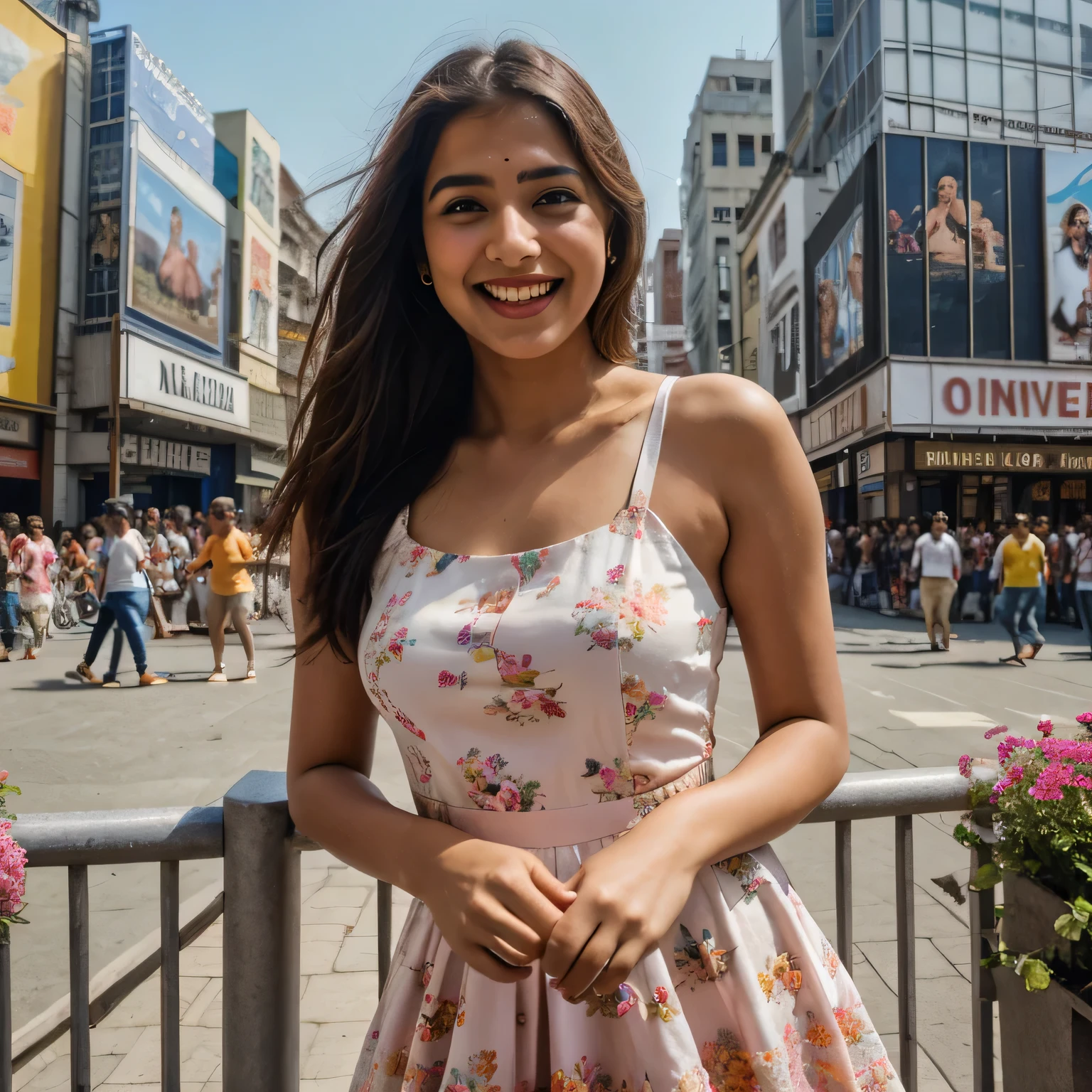 An indian girl 20 years age, wearing pink top in Kolkata time square, (best quality,highres,ultra-detailed:1.2), HDR, vivid colors, beautiful girl, kolkata time square, lively atmosphere, charming architecture, colorful flowers, happy people, stunning view, outdoor dining, sunny weather, elegant dress, joyful expression, long flowing hair, vibrant street performers, bustling crowd, street musicians, historical landmarks, blue sky, warm sunshine, laughter, carefree moments