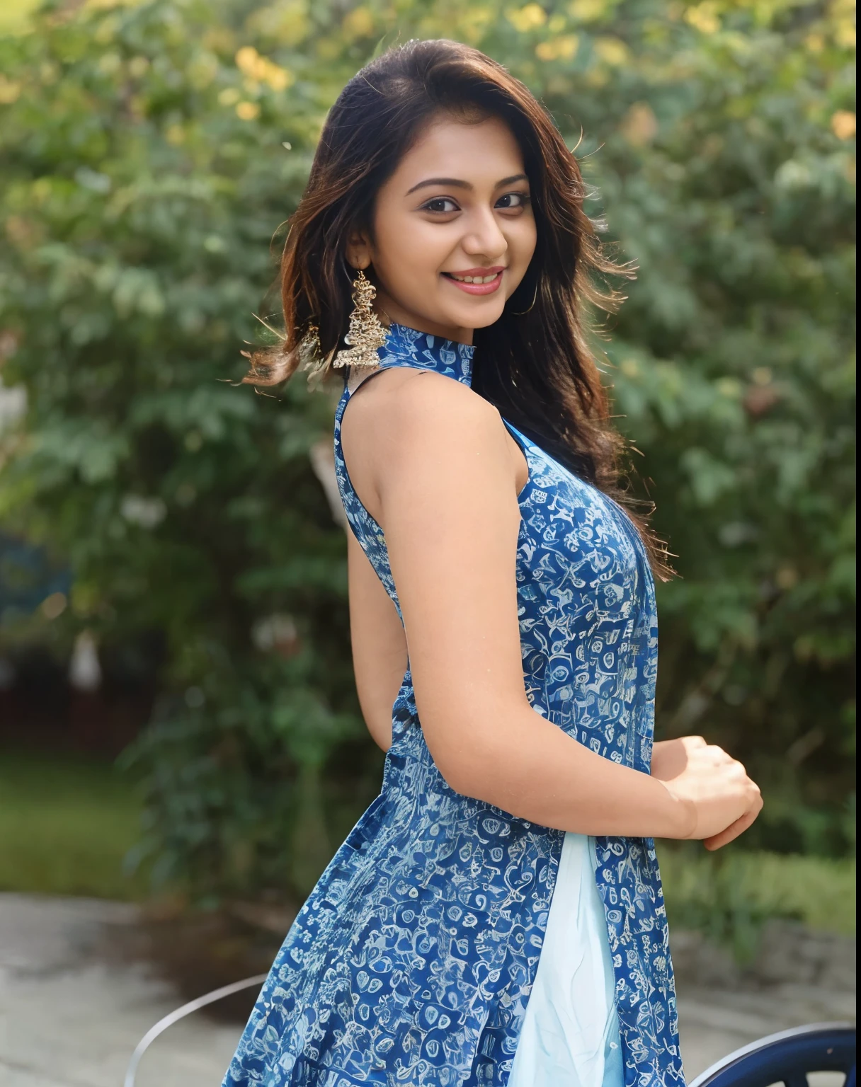 a close up of a woman in a blue dress posing for a picture, sharp face ,smiling joyfully, joyfully smiling, blue colored traditional kurti, profile pic, mixed art, stylish pose, profile image, fanart, sleeveless, side pose, with lovely look, candid picture, print ready, pr shoot, with a cool pose, actress, movie still promotion, 1614572159