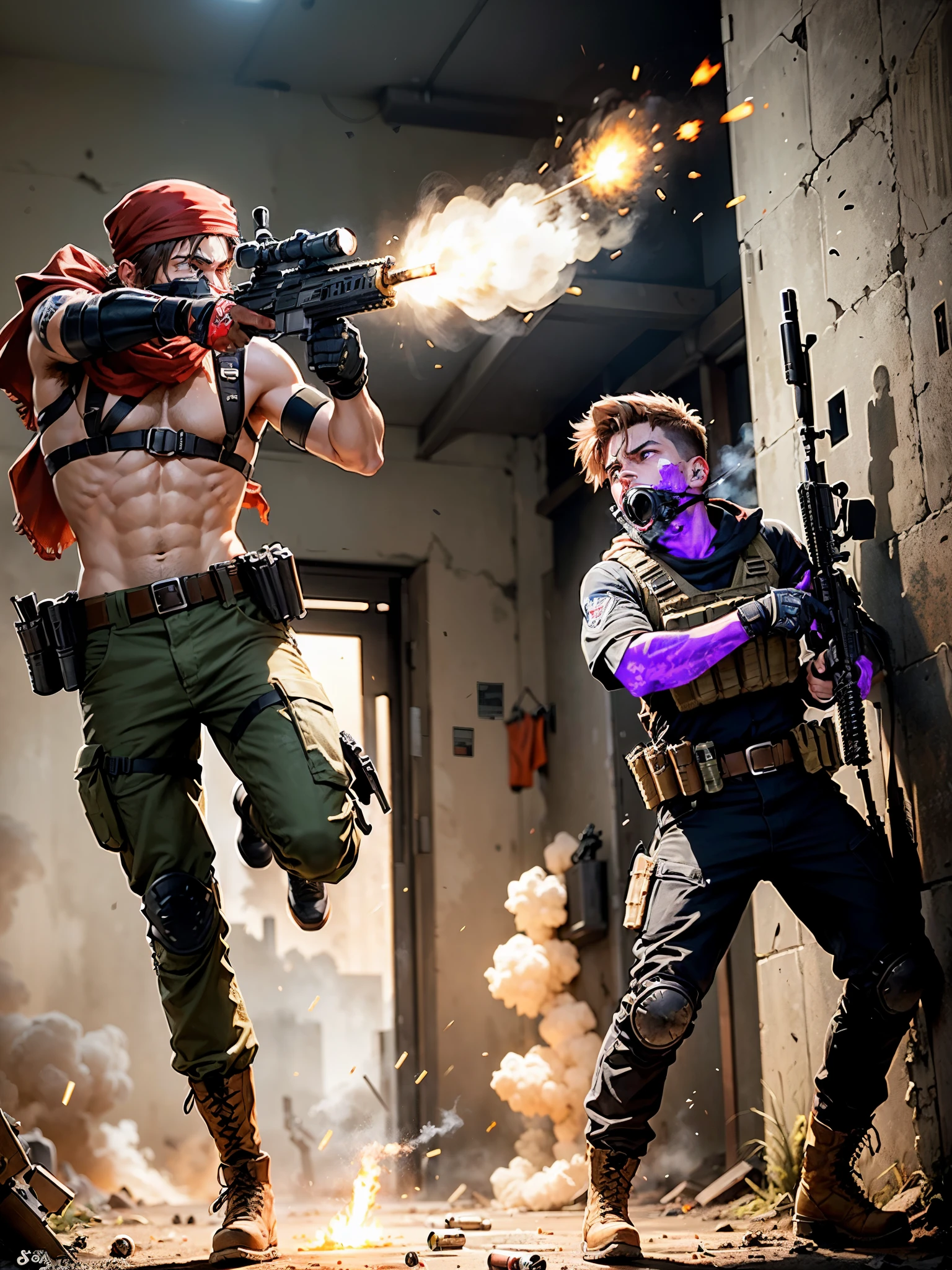 1boy, age 29, (male focus), mercenary, ((bullet belt)), combat boots, brown hair, hazel eyes, red bandana, (aiming and firing an m4 carbine, muzzle flash, rifle shell casings), angry, screaming, war zone,