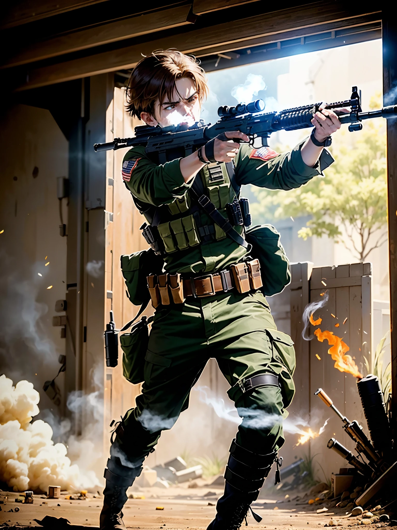 1boy, age 29, (male focus), mercenary, ((bullet belt)), combat boots, brown hair, hazel eyes, red bandana, (aiming and firing an m4 carbine, muzzle flash, rifle shell casings), angry, screaming, war zone,