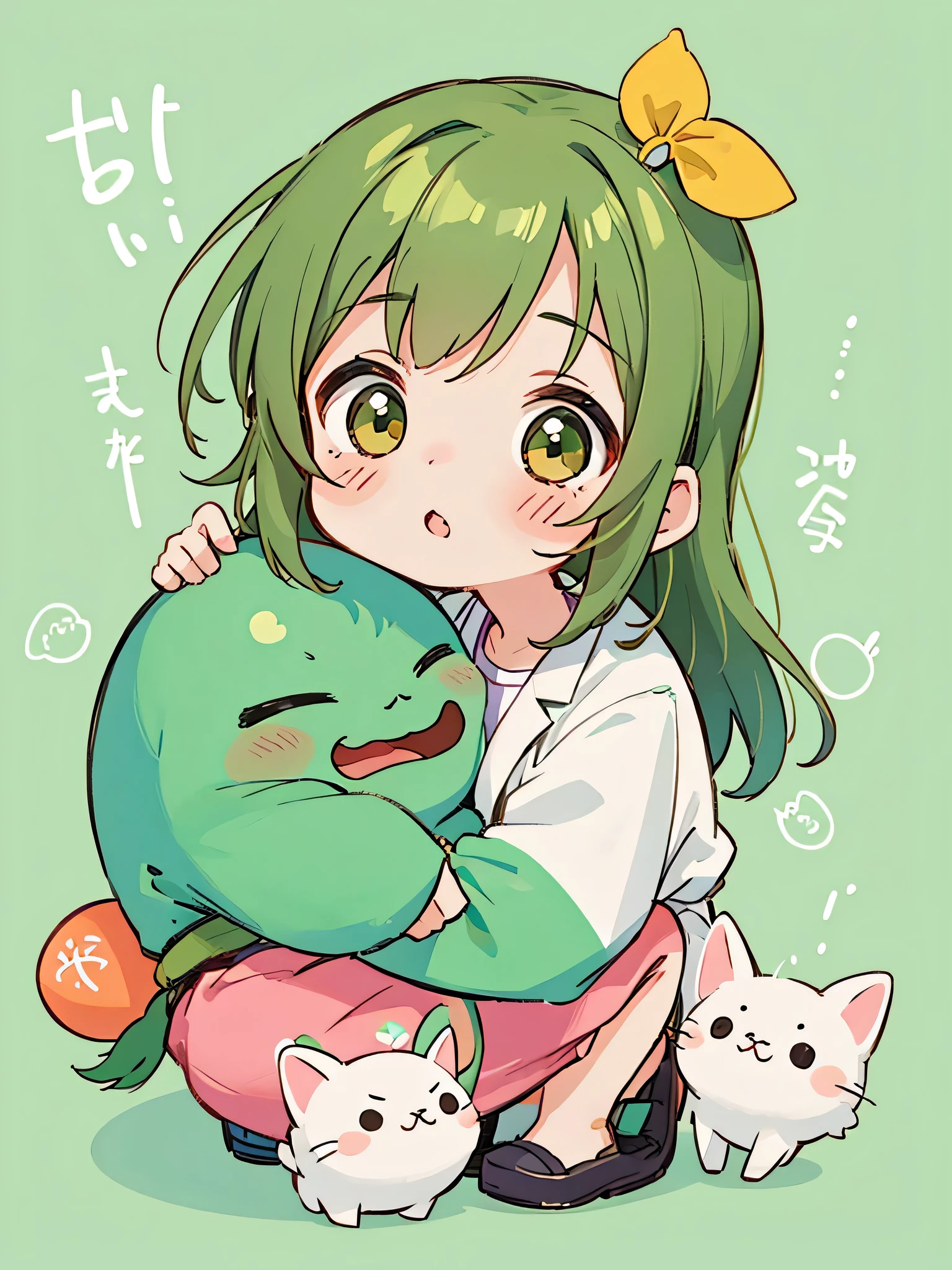 Machiko Satonaka style, Kawaii Design, most beautiful girl ever、Chibi, hugging green alien、hospital