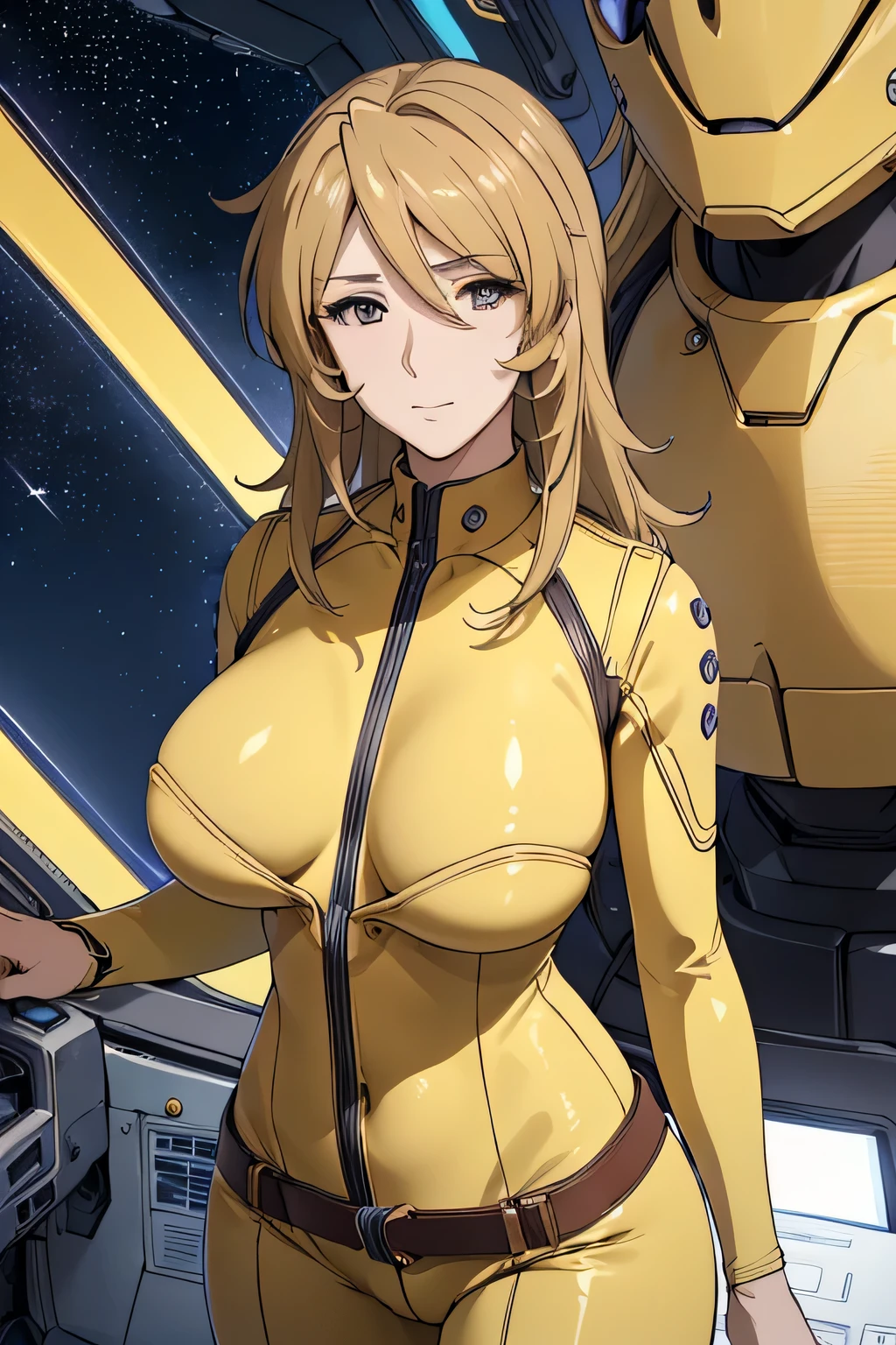 (((best quality))), (((masterpiece))), (((detailed))),
MoriYuki, (perfect face), (((detailed face))),
solo, closed mouth, light smile,
blonde hair, long hair, brown eyes, (((best quality eyes)))
MoriBodysuit, (yellow bodysuit), belt,
standing, looking at the viewer, from back,
science fiction, cockpit, starry sky, (big breasts), thighs, NSFW