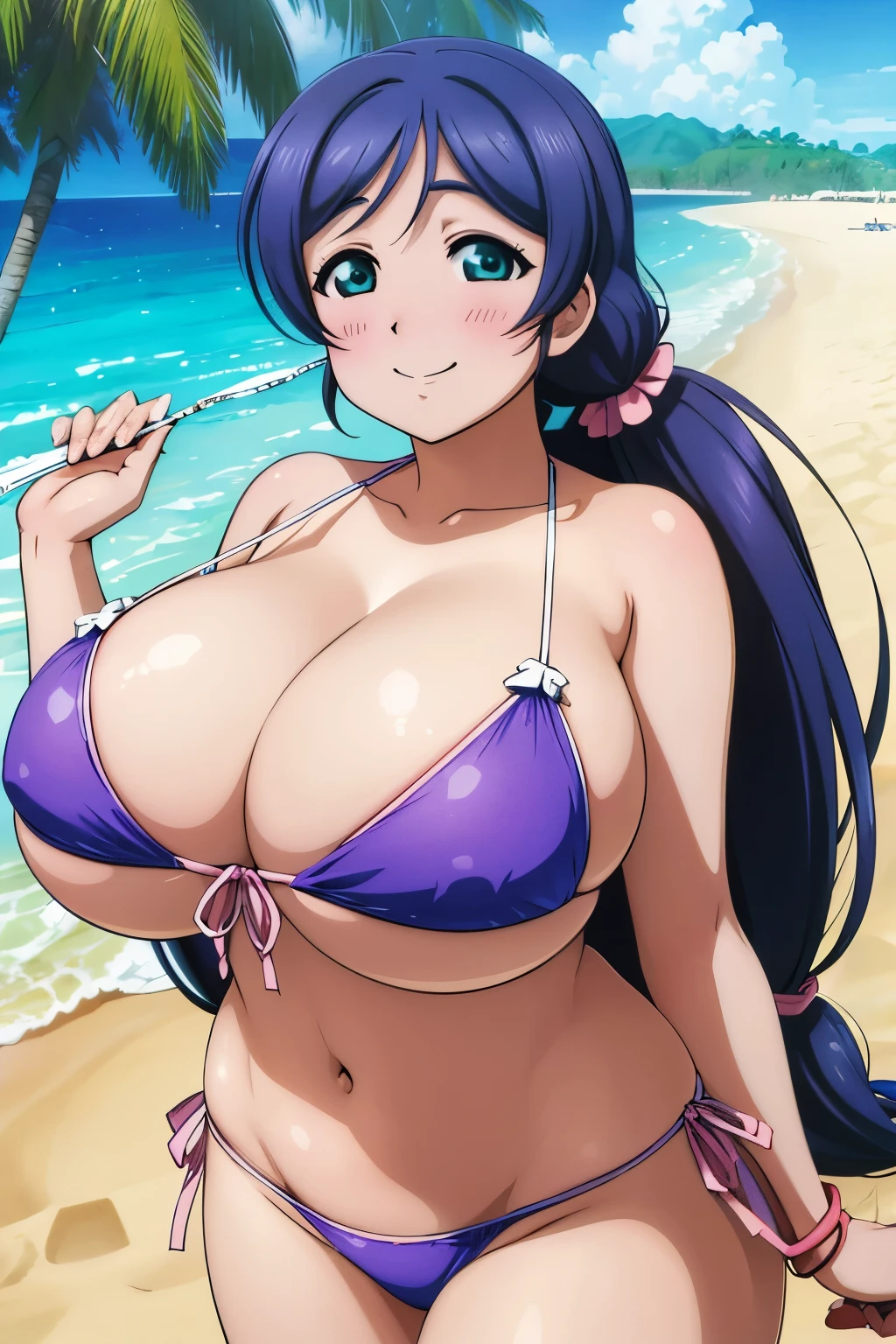 high quality、high resolution、masterpiece、(bikini,beach:1.3),anime,anime style,toujou nozomi,(gigantic breasts:1.5),blush,light smile