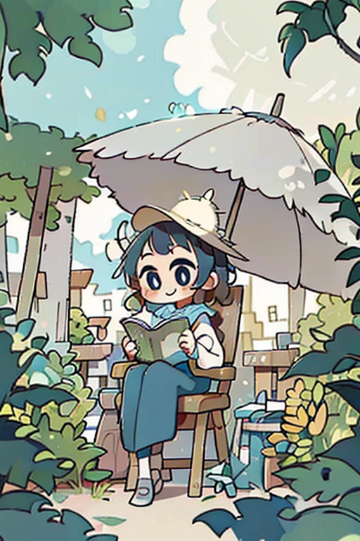 #Quality(8k,best quality,masterpiece,cinematic),solo, #1 girl(cute, kawaii,,blown hair,blue eyes,big eyes,smile,sitting on a chair,reading books),#background(outside,town,rainning,beautiful nature,beach parasol)