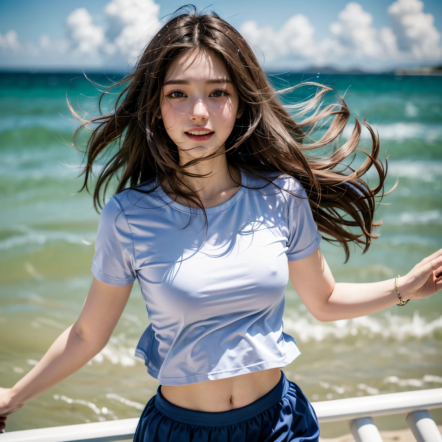 (photorealistic:1.4),8k,(masterpiece), best quality, highest quality, (detailed face:1.5),original,highres, unparalleled masterpiece, ultra realistic 8k, perfect artwork, ((perfect female figure)),mature female, narrow waist, skinny,detailed skin, ((1girl)), solo, long hair, short sleeves, serafuku,blue skirt, shirt, sailor collar, in cultivation tank,(floating hair), (floating clothes), barefoot, air bubble,full body, looking at viewer, beach background, sparking smile, ((running on the shore)), wide shot view