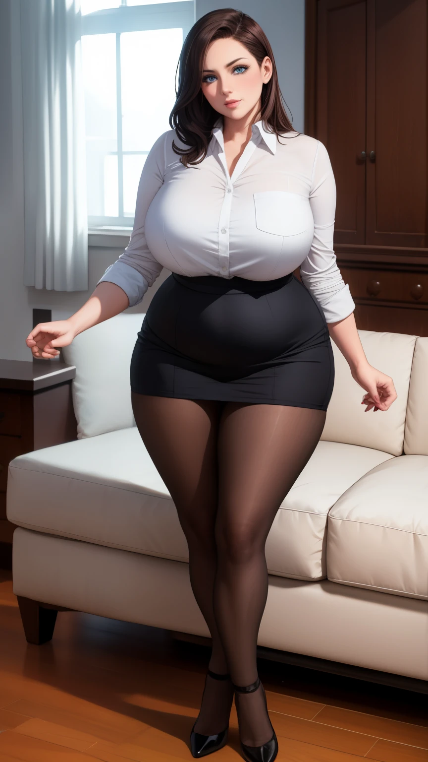 highest quality, masterpiece, brunette colored hair, blue eyes, mature woman, 35 years old,secretary uniform,big breasts beautiful legs stockings,high heels, shy,slave girl,white panties,NSFW, unbuttoned shirt, full body shot, plump legs, Whipping the lower body, plus size, plus sizeモデル, calf, Mature mother, mature mom,