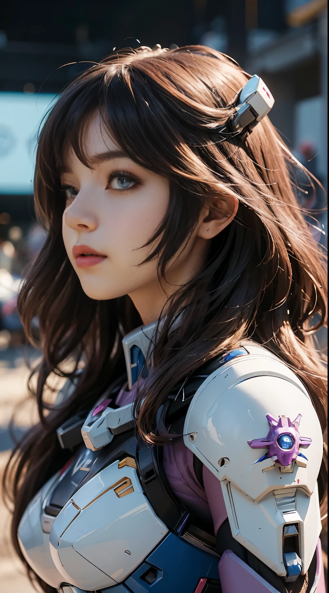 RAW, Masterpiece, Ultra Fine Photo,, Best Quality, Ultra High Resolution, Photorealistic, Sunlight, Full Body Portrait, Stunningly Beautiful,, Dynamic Poses, Delicate Face, Vibrant Eyes, (Side View) a close up of a woman in a pink and white gundam custume, dybamic pose, long brown very very long hair rapunzel, girl in mecha cyber armor, portrait armored astronaut girl, d. va from overwatch, female mecha, on a gundam, gundam head, chiho aoshima color scheme, mobile suit, streamlined purple armor, fully robotic!! girl, realistic cosplay, gundam armor (dynamic pose) (best cameraview), full body