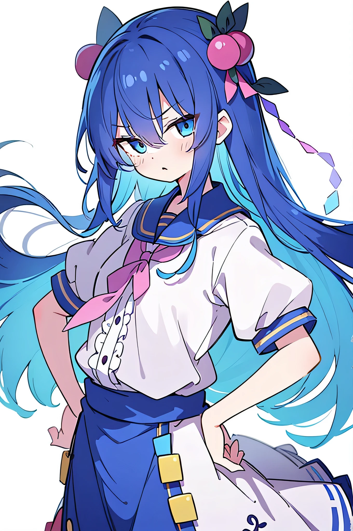 (masterpiece),best quality, expressive eyes, perfect face, 1girl,
Put your hands on your waist,fair, Gorgeous,Japanese cartoons,girl,lola,Hina Angel, blue hair, blue haired, floating clothes,Grab your waist, Grab your waist, hands on hips , hands on hips,flat chest