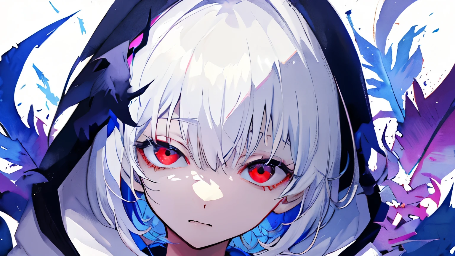 Super detailed、4k、Wonderful、Beautiful gradation、Sui Ishida、tokyo ghoul、Beautiful blue and red feathers、watercolor painting、Don't、cevioAI、anime characters、Only one character、1 girl、Upper body、portrait、(abstract background)、 white hair、medium bob、innocent face、cute、odd eye、Super detailedな瞳、Only the left eye has red eyes、blue-black right eye、Fluffy hair、white eyebrows、white hoodie、dark look、A look of strong determination for the future even in despair、mouth is closed、white background、Perfect in every detail