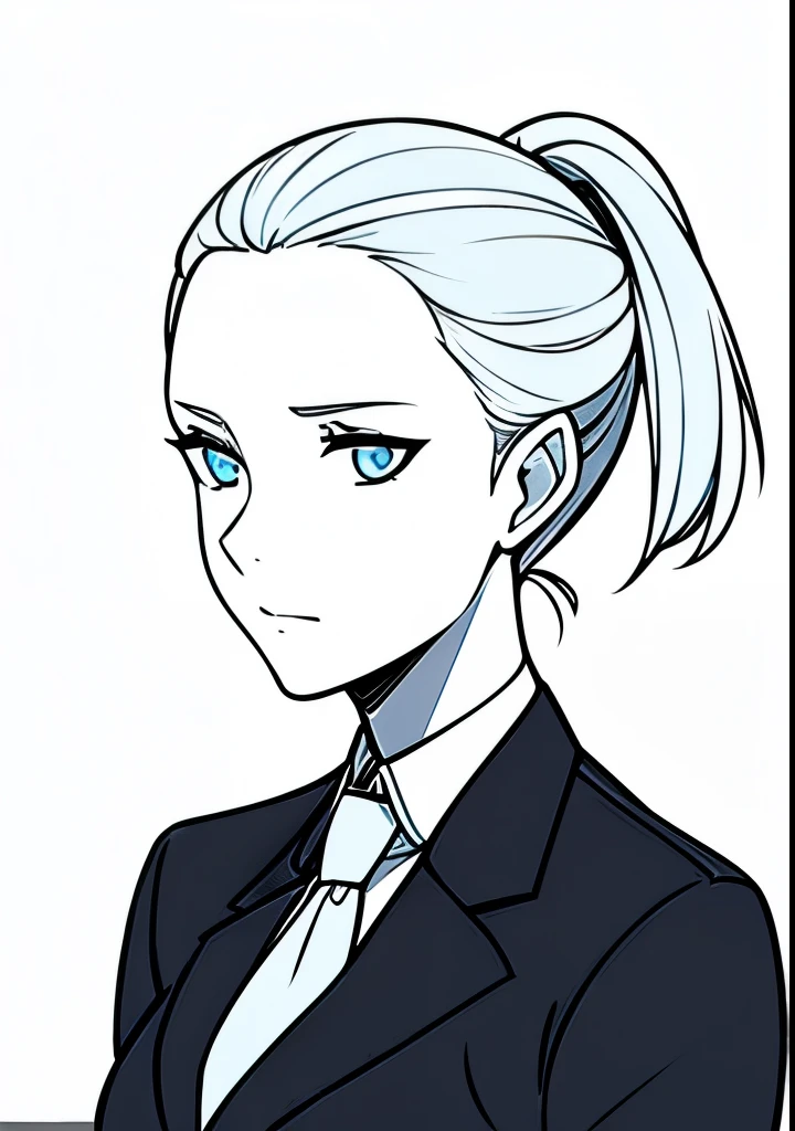 One Young Adult female, white and tender skin, pale blonde slicked back into a short ponytail, steel blue eyes, light and carefree expression, wearing black suit jacket and tie, portrait style, facing forwards