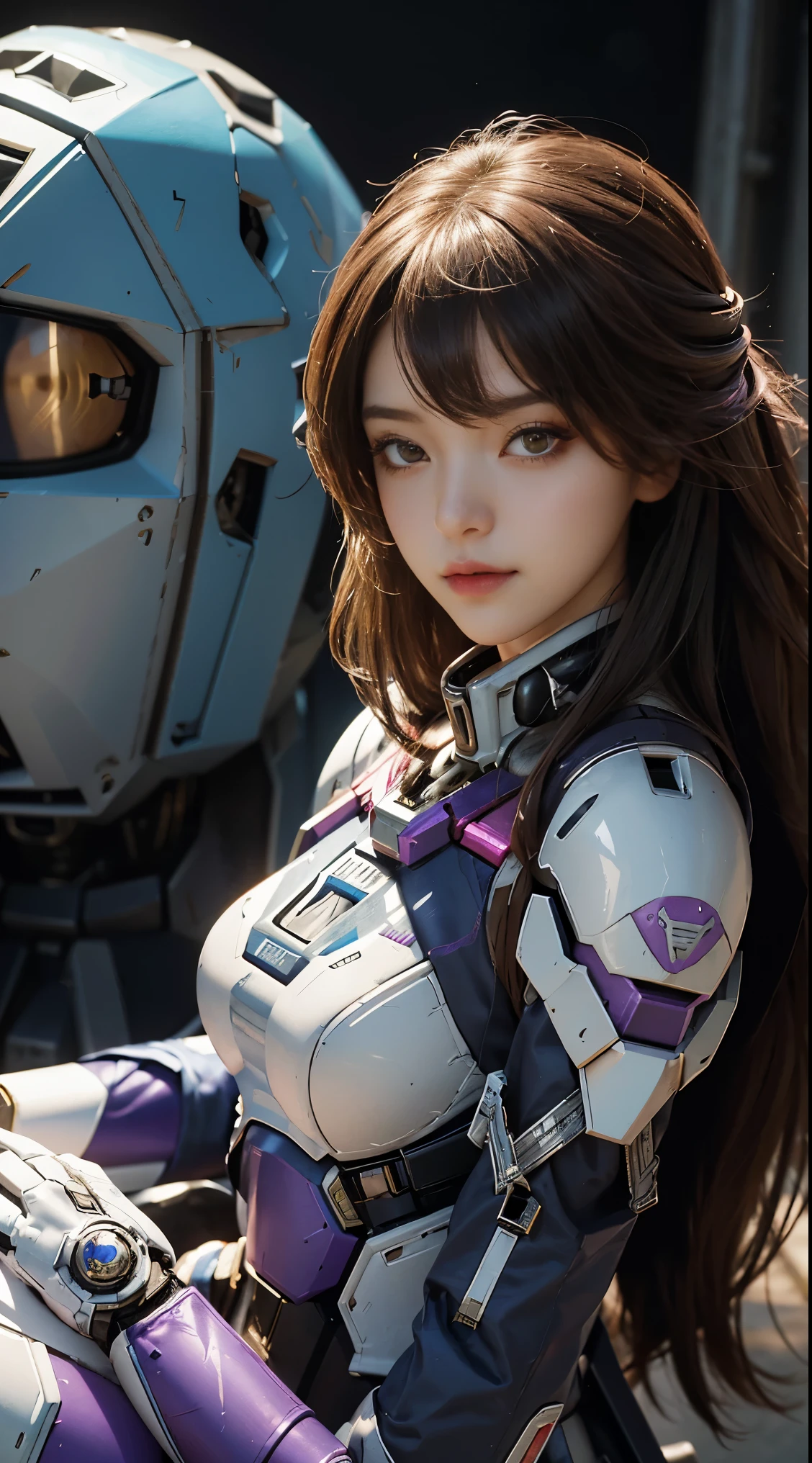 RAW, Masterpiece, Ultra Fine Photo,, Best Quality, Ultra High Resolution, Photorealistic, Sunlight, Full Body Portrait, Stunningly Beautiful,, Dynamic Poses, Delicate Face, Vibrant Eyes, (Side View) a close up of a woman in a pink and white gundam custume, dybamic pose, long brown very very long hair rapunzel, girl in mecha cyber armor, portrait armored astronaut girl, d. va from overwatch, female mecha, on a gundam, gundam head, chiho aoshima color scheme, mobile suit, streamlined purple armor, fully robotic!! girl, realistic cosplay, gundam armor (dynamic pose) (best cameraview), full body