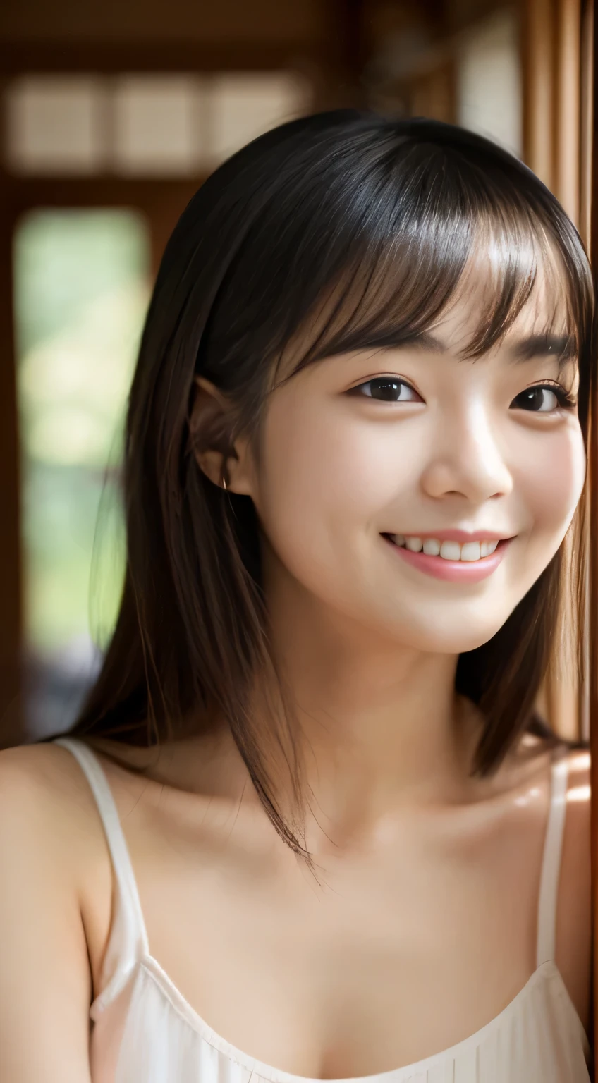 masterpiece,best quality,(Japanese ),((Beautiful girl)),cleavage,indoor,(perfect body beauty:1.2),(shy smile),beautiful teeth,