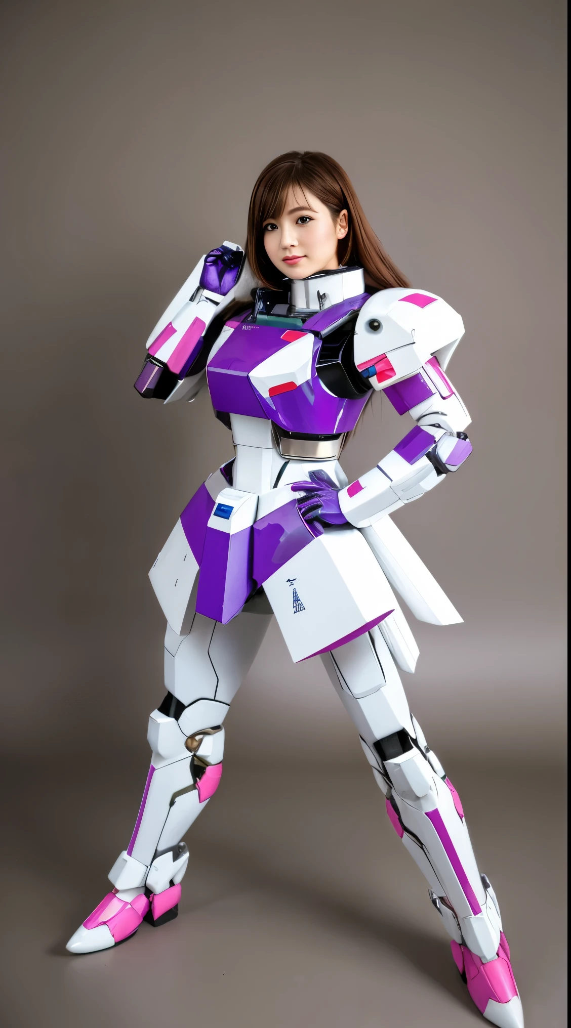 RAW, Masterpiece, Ultra Fine Photo,, Best Quality, Ultra High Resolution, Photorealistic, Sunlight, Full Body Portrait, Stunningly Beautiful,, Dynamic Poses, Delicate Face, Vibrant Eyes, (Side View) a close up of a woman in a pink and white gundam custume, dybamic pose, long brown very very long hair rapunzel, girl in mecha cyber armor, portrait armored astronaut girl, d. va from overwatch, female mecha, on a gundam, gundam head, chiho aoshima color scheme, mobile suit, streamlined purple armor, fully robotic!! girl, realistic cosplay, gundam armor (dynamic pose) (best cameraview), full body
