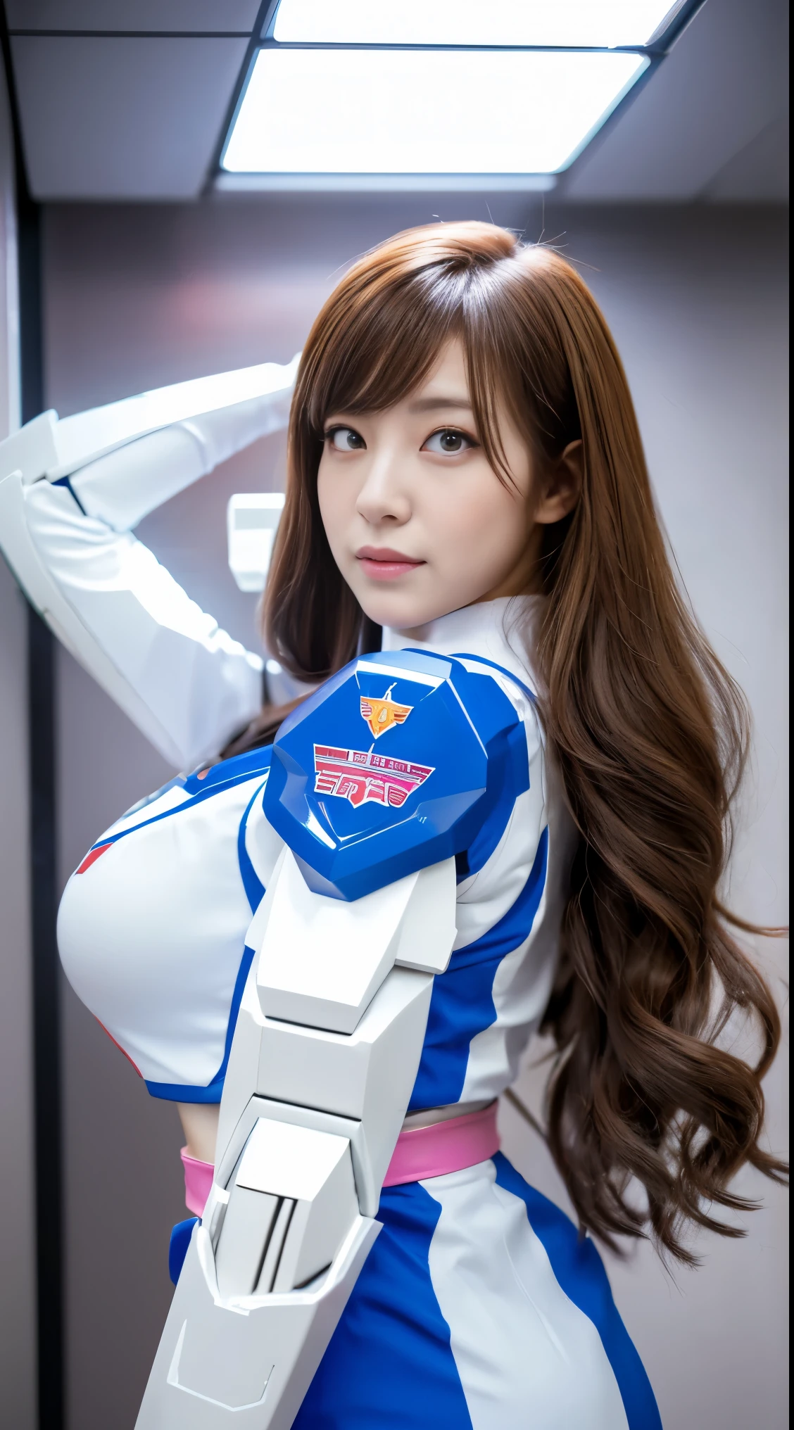 RAW, Masterpiece, Ultra Fine Photo,, Best Quality, Ultra High Resolution, Photorealistic, Sunlight, Full Body Portrait, Stunningly Beautiful,, Dynamic Poses, Delicate Face, Vibrant Eyes, (Side View) a close up of a woman in a pink and white gundam custume, dybamic pose, long brown very very long hair rapunzel, girl in mecha cyber armor, portrait armored astronaut girl, d. va from overwatch, female mecha, on a gundam, gundam head, chiho aoshima color scheme, mobile suit, streamlined purple armor, fully robotic!! girl, realistic cosplay, gundam armor (dynamic pose) (best cameraview), full body