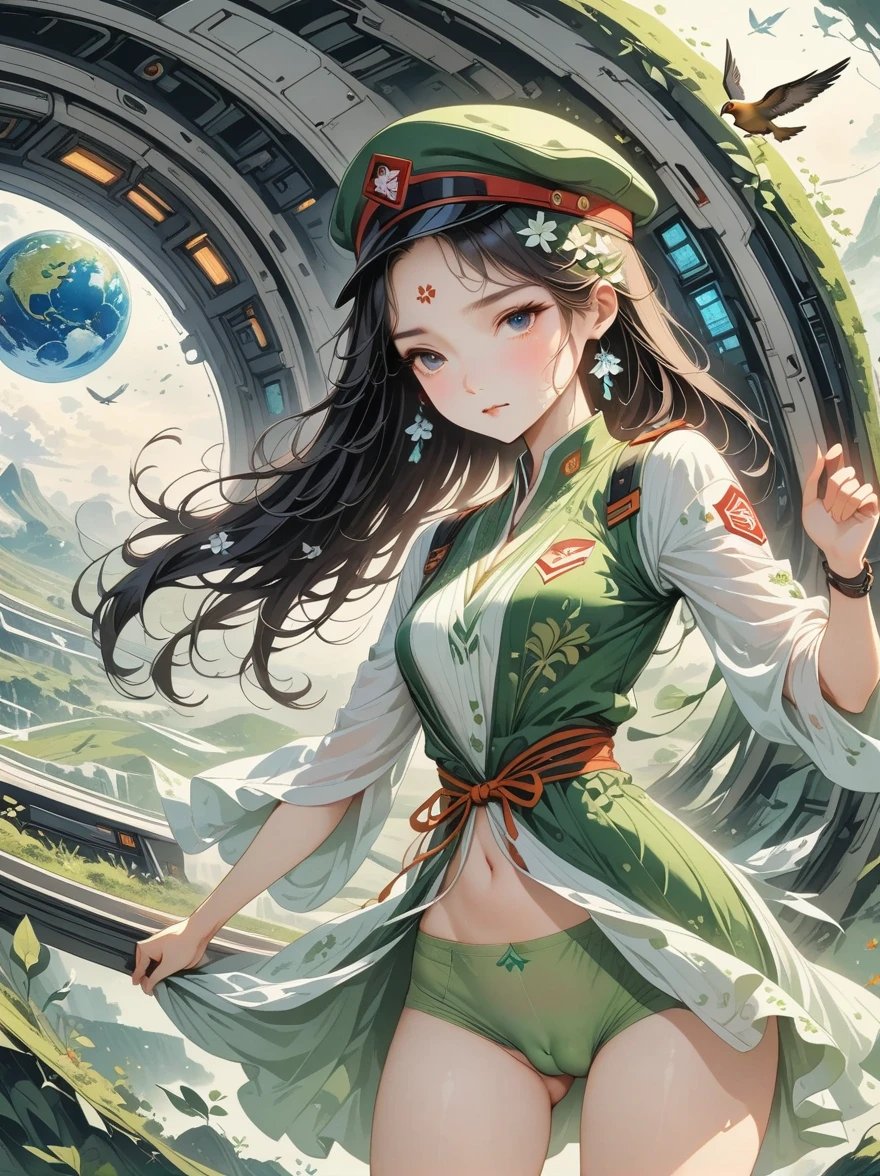 (((masterpiece,best quality,8K,super detailed,High resolution,anime style,Absolutely))),(A female officer of the Earth Federation Army is walking..:1.5),(alone:1.5), (Wearing the Earth Federation Forces:1.5),(Dressed as a federal employeehat of:1.5),(cute type of girl:1.4),(Detailed facial depiction:1.4),(beautiful hands:1.4),(Hands are very thin:1.2),(wallpaper:1.5),(whole body:1.5),((overlooking:1.5)), ((15 year old Japanese girl, Clothes that fit)), (spaceship interior, There is space outside), (((camel toe)))