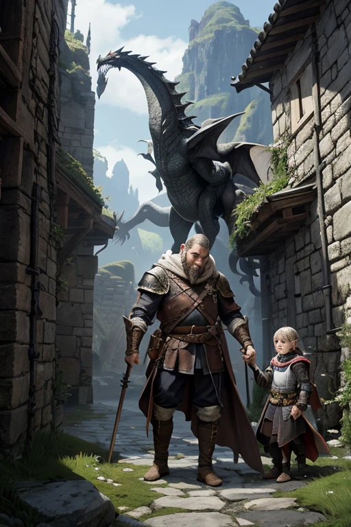 Create a high-quality, epic image for the Dungeons role-playing game & Dragons, featuring at least one majestic dragon. L'image doit capturer l'essence du jeu, with brave characters ready to face the dangers of dark and mysterious dungeons. The dragon must be realistic and detailed, avec une apparence effrayante mais fascinante. Les personnages devraient inclure des races typiques de D&D, telles qu'un humain guerrier, un elfe mage, un nain clerc et un halfling voleur. The background should include a dark, labyrinthine dungeon, with traps and puzzles to solve. Characters should be equipped with detailed medieval weapons and armor, et montrer des expressions de détermination et de bravoure. La composition doit être équilibrée, avec une utilisation de la lumière et de l'ombre pour créer une atmosphère dramatique et mystérieuse.