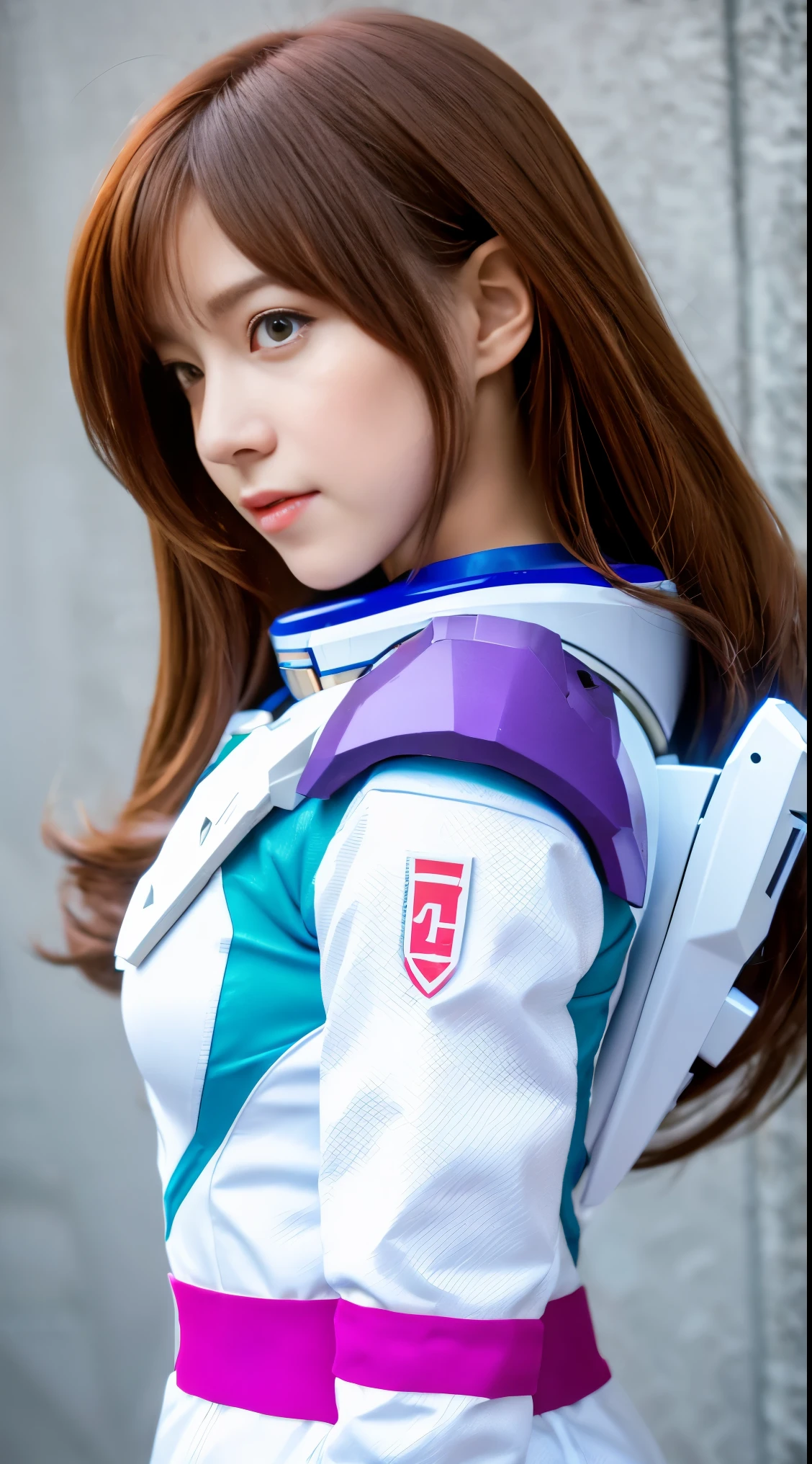 RAW, Masterpiece, Ultra Fine Photo,, Best Quality, Ultra High Resolution, Photorealistic, Sunlight, Full Body Portrait, Stunningly Beautiful,, Dynamic Poses, Delicate Face, Vibrant Eyes, (Side View) a close up of a woman in a pink and white gundam custume, dybamic pose, long brown very very long hair rapunzel, girl in mecha cyber armor, portrait armored astronaut girl, d. va from overwatch, female mecha, on a gundam, gundam head, chiho aoshima color scheme, mobile suit, streamlined purple armor, fully robotic!! girl, realistic cosplay, gundam armor (dynamic pose) (best cameraview), full body