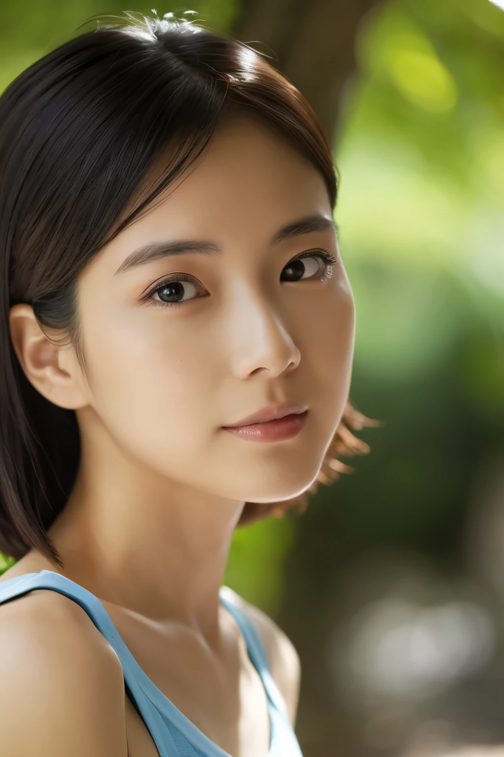 cinematic photo, Skinny Japanese woman, 30 years old, cute face, detailed face, detailed eyes, bare shoulders, tubetop, very thin waist, (face upward:0.7), looking at viewer, (sun light and tree shadow on the face), (masterpiece:1.2), (best quality:1.2), (extremely detailed:1.2), (photorealistic:1.1), (ultra detailed), . 35mm photograph, film, bokeh, professional, 4k, highly detailed