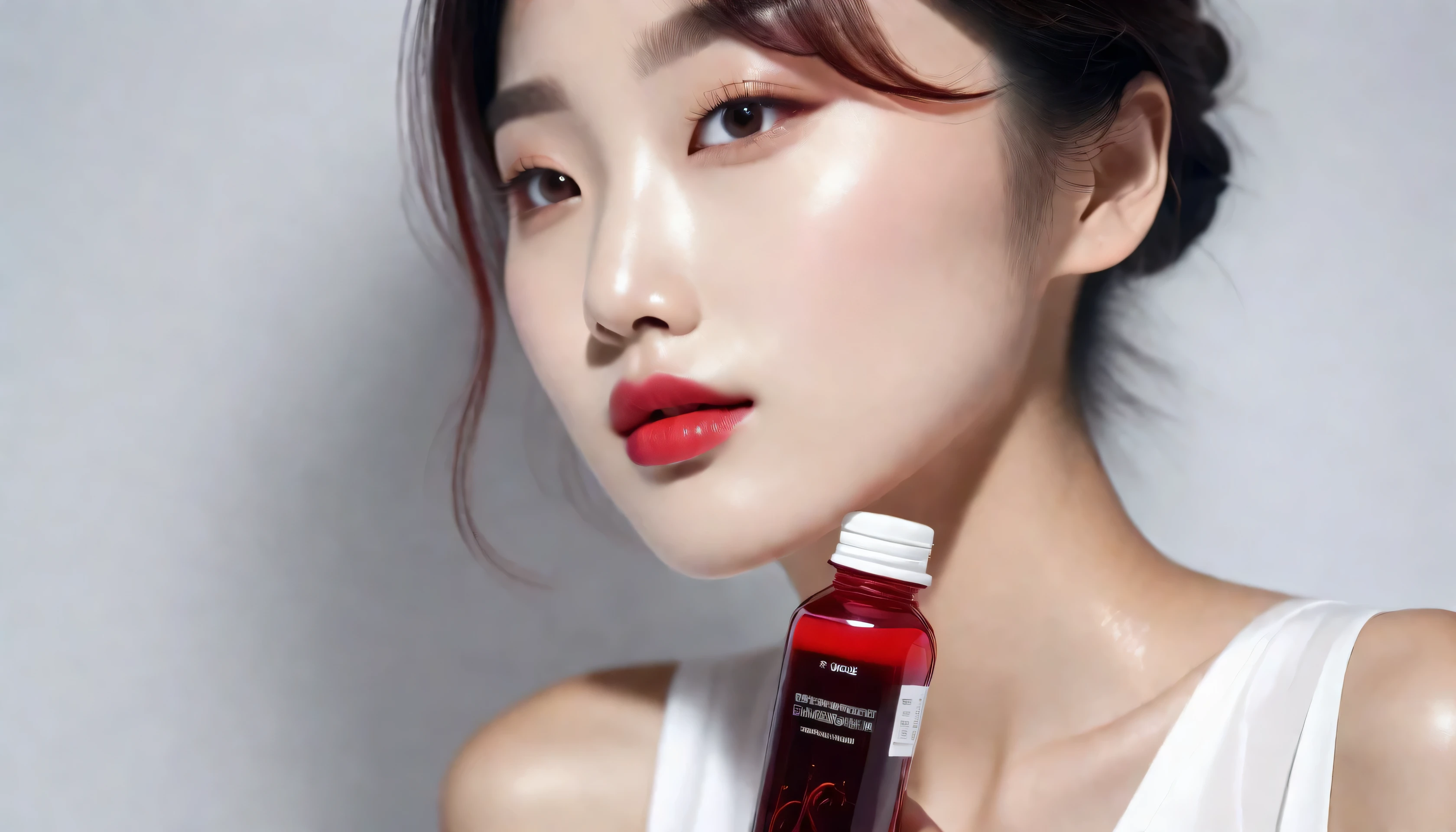 (a Korean beauty holding a bottle of red liquid),(photograph),(clean white background),(high quality, 4k),(front view)