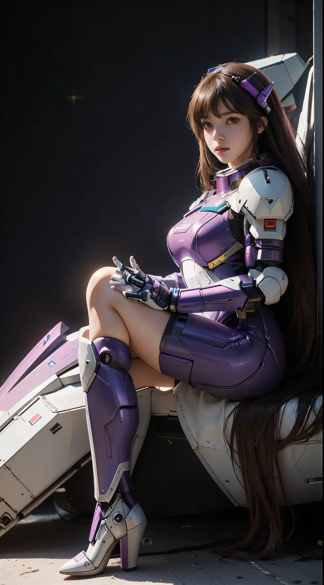 RAW, Masterpiece, Ultra Fine Photo,, Best Quality, Ultra High Resolution, Photorealistic, Sunlight, Full Body Portrait, Stunningly Beautiful,, Dynamic Poses, Delicate Face, Vibrant Eyes, (Side View) a close up of a woman in a pink and white gundam custume, dybamic pose, long brown very very long hair rapunzel, girl in mecha cyber armor, portrait armored astronaut girl, d. va from overwatch, female mecha, on a gundam, gundam head, chiho aoshima color scheme, mobile suit, streamlined purple armor, fully robotic!! girl, realistic cosplay, gundam armor (dynamic pose) (best cameraview), full body
