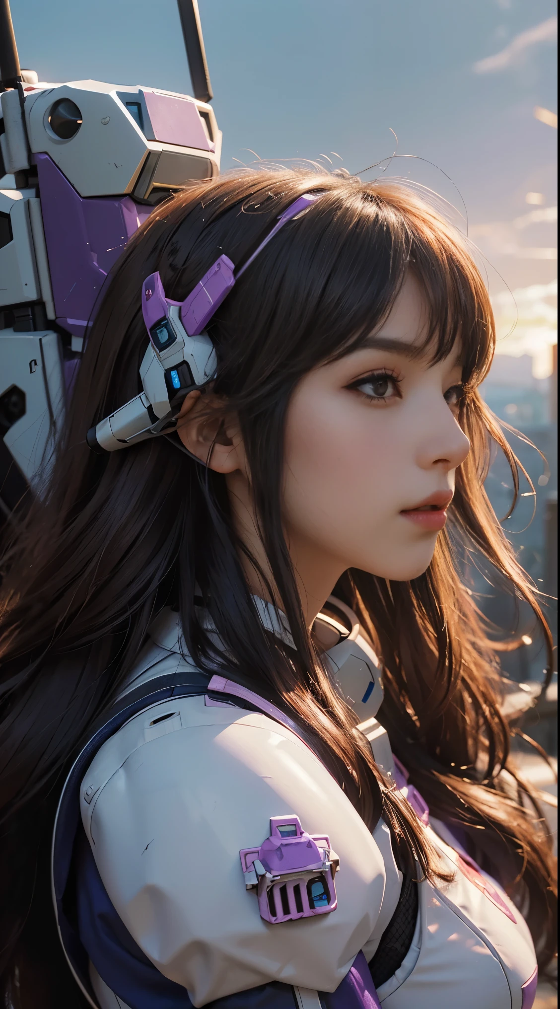 RAW, Masterpiece, Ultra Fine Photo,, Best Quality, Ultra High Resolution, Photorealistic, Sunlight, Full Body Portrait, Stunningly Beautiful,, Dynamic Poses, Delicate Face, Vibrant Eyes, (Side View) a close up of a woman in a pink and white gundam custume, dybamic pose, long brown very very long hair rapunzel, girl in mecha cyber armor, portrait armored astronaut girl, d. va from overwatch, female mecha, on a gundam, gundam head, chiho aoshima color scheme, mobile suit, streamlined purple armor, fully robotic!! girl, realistic cosplay, gundam armor (dynamic pose) (best cameraview), full body