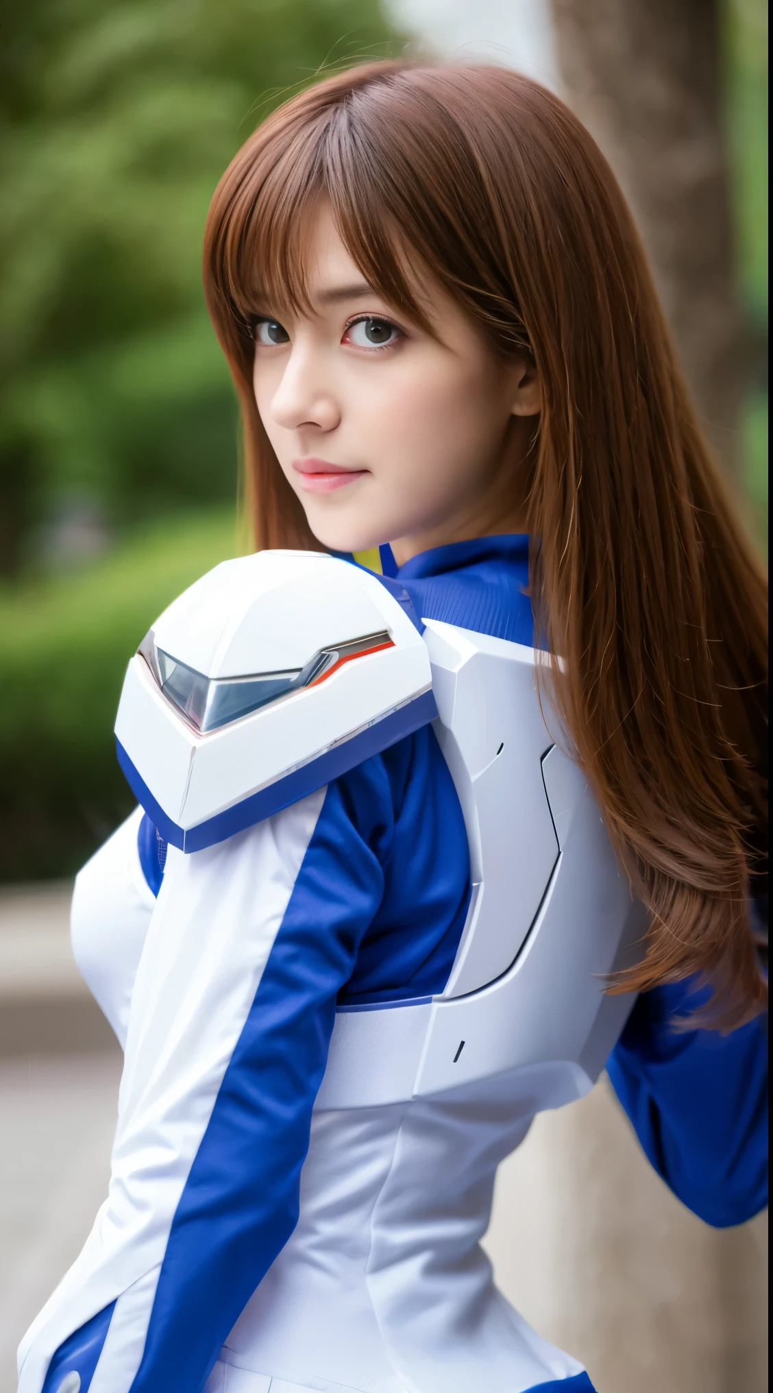RAW, Masterpiece, Ultra Fine Photo,, Best Quality, Ultra High Resolution, Photorealistic, Sunlight, Full Body Portrait, Stunningly Beautiful,, Dynamic Poses, Delicate Face, Vibrant Eyes, (Side View) a close up of a woman in a pink and white gundam custume, dybamic pose, long brown very very long hair rapunzel, girl in mecha cyber armor, portrait armored astronaut girl, d. va from overwatch, female mecha, on a gundam, gundam head, chiho aoshima color scheme, mobile suit, streamlined purple armor, fully robotic!! girl, realistic cosplay, gundam armor (dynamic pose) (best cameraview), full body