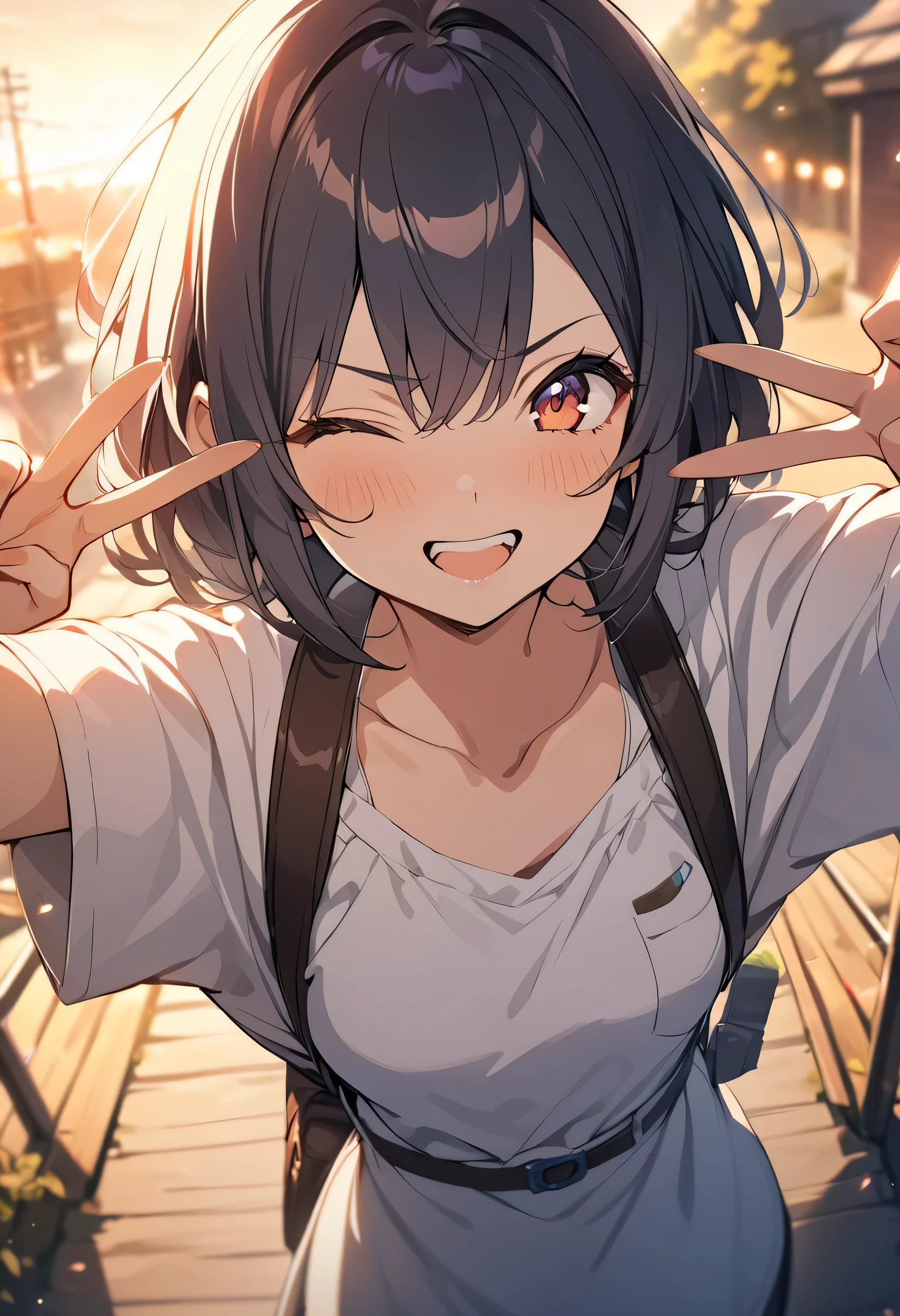 1girl, game cg, solo, double v, happy, (looking at viewer), one eye closed, upper body, spoken_heart, cinematic angle, depth of field, outdoors, sunset, masterpiece, best quality,double teeth