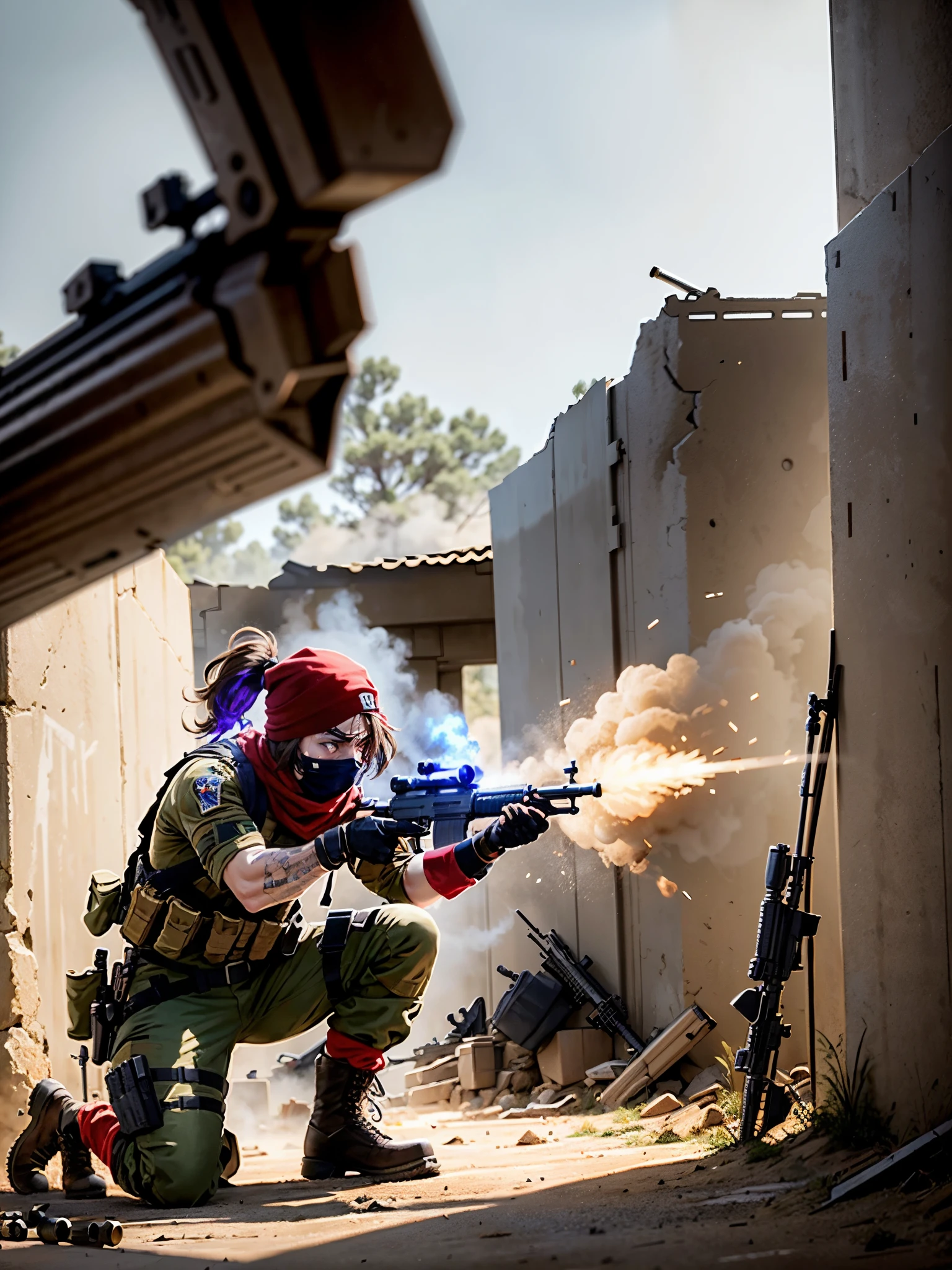 male focus, solo, solo focus, mercenary, bullet belt, combat boots, brown hair, hazel eyes, red bandana, (aiming and firing an m4 carbine), angry, screaming, rifle shell casings, war zone, muzzle flash